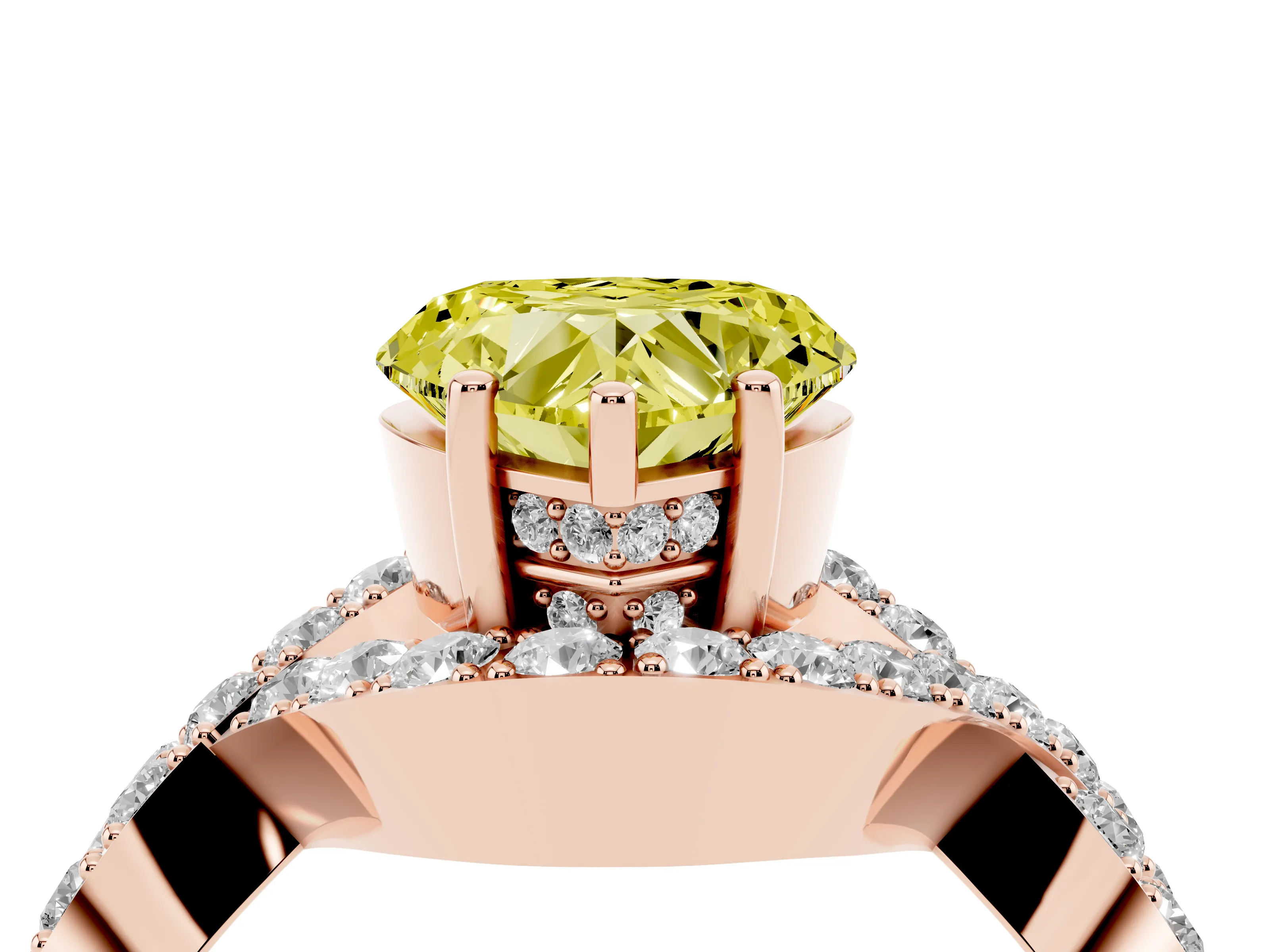 Fancy Yellow Heart Cut Diamond Solitaire Twist Band Pavé Engagement Ring Set in Rose gold