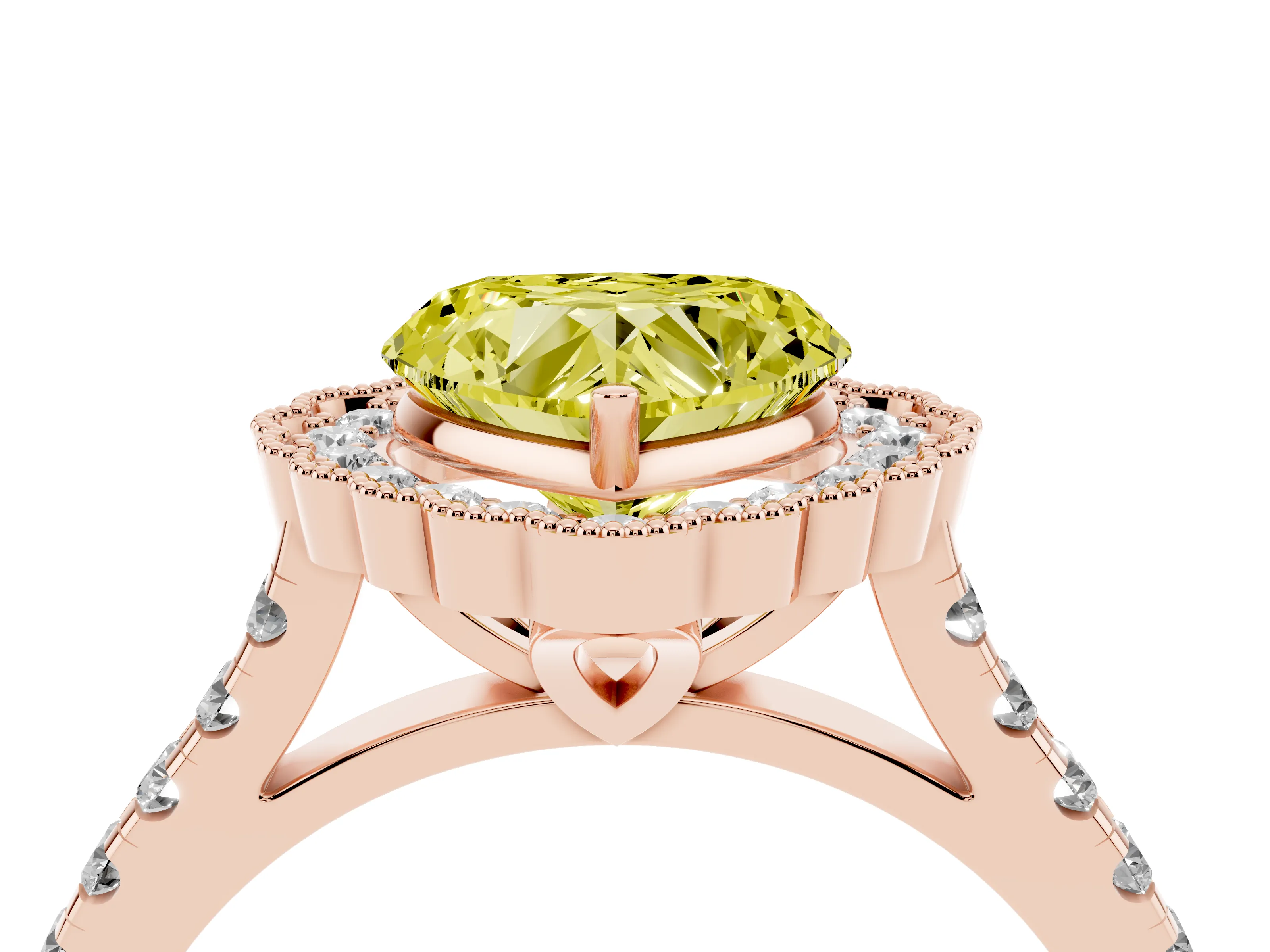 Fancy Yellow Heart Cut Diamond Milgrain Floral Halo Engagement Ring Set in Rose gold with Pavé Band