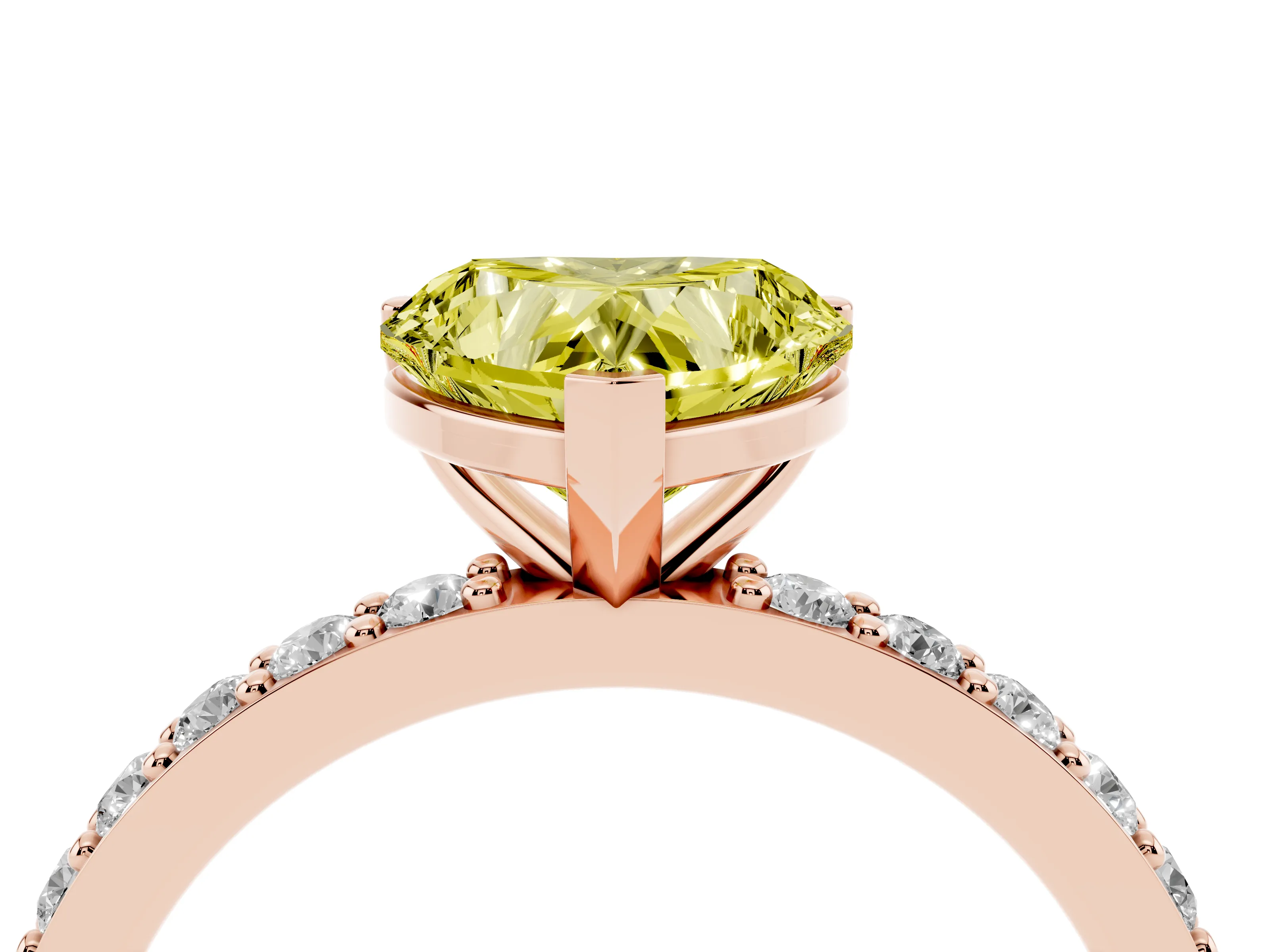 Fancy Yellow Heart Cut Diamond Solitaire Set in Rose gold with Round Pavé Band and Prong Setting
