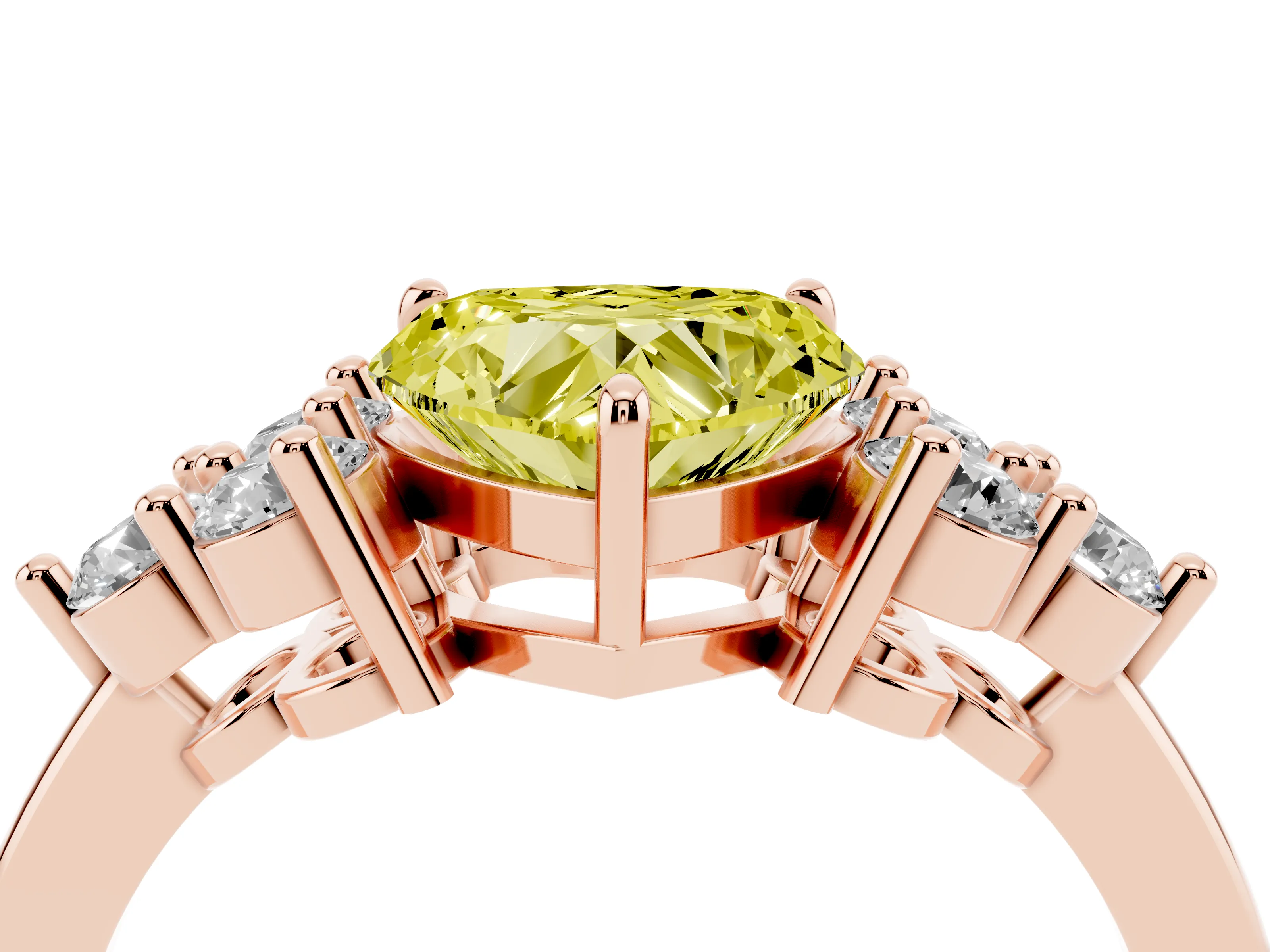 Fancy Yellow Heart Cut Diamond Solitaire Ring Set in Rose gold with Cluster Accents on Each Side