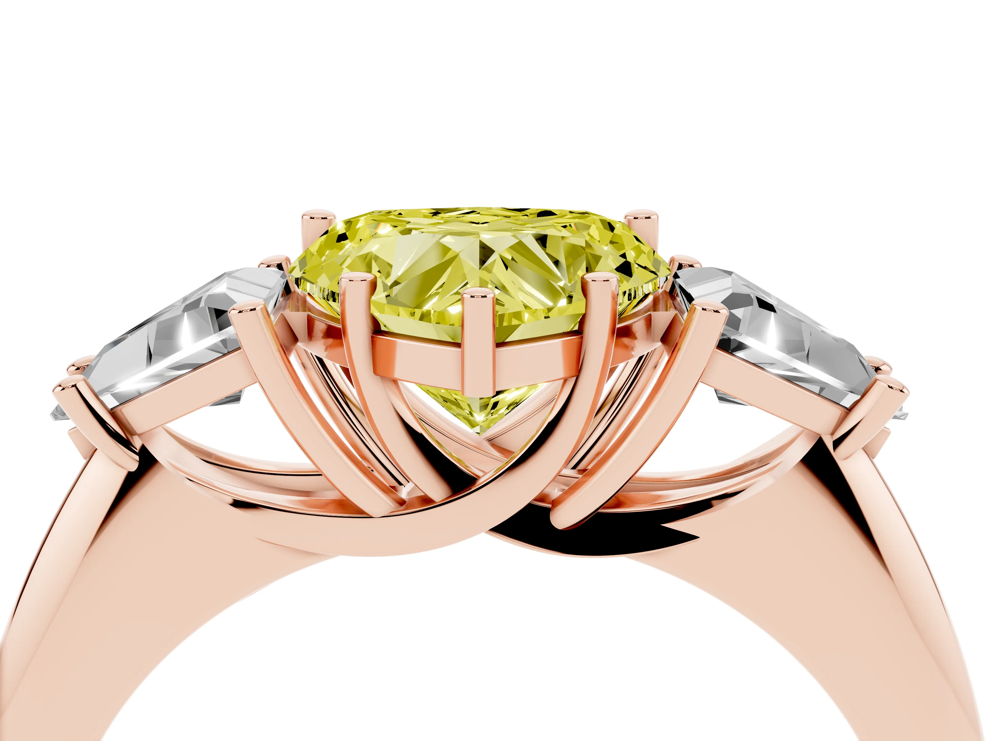 Fancy Yellow Heart Cut Diamond Three-Stone Engagement Ring Set in Rose gold with Trillion Side Stones