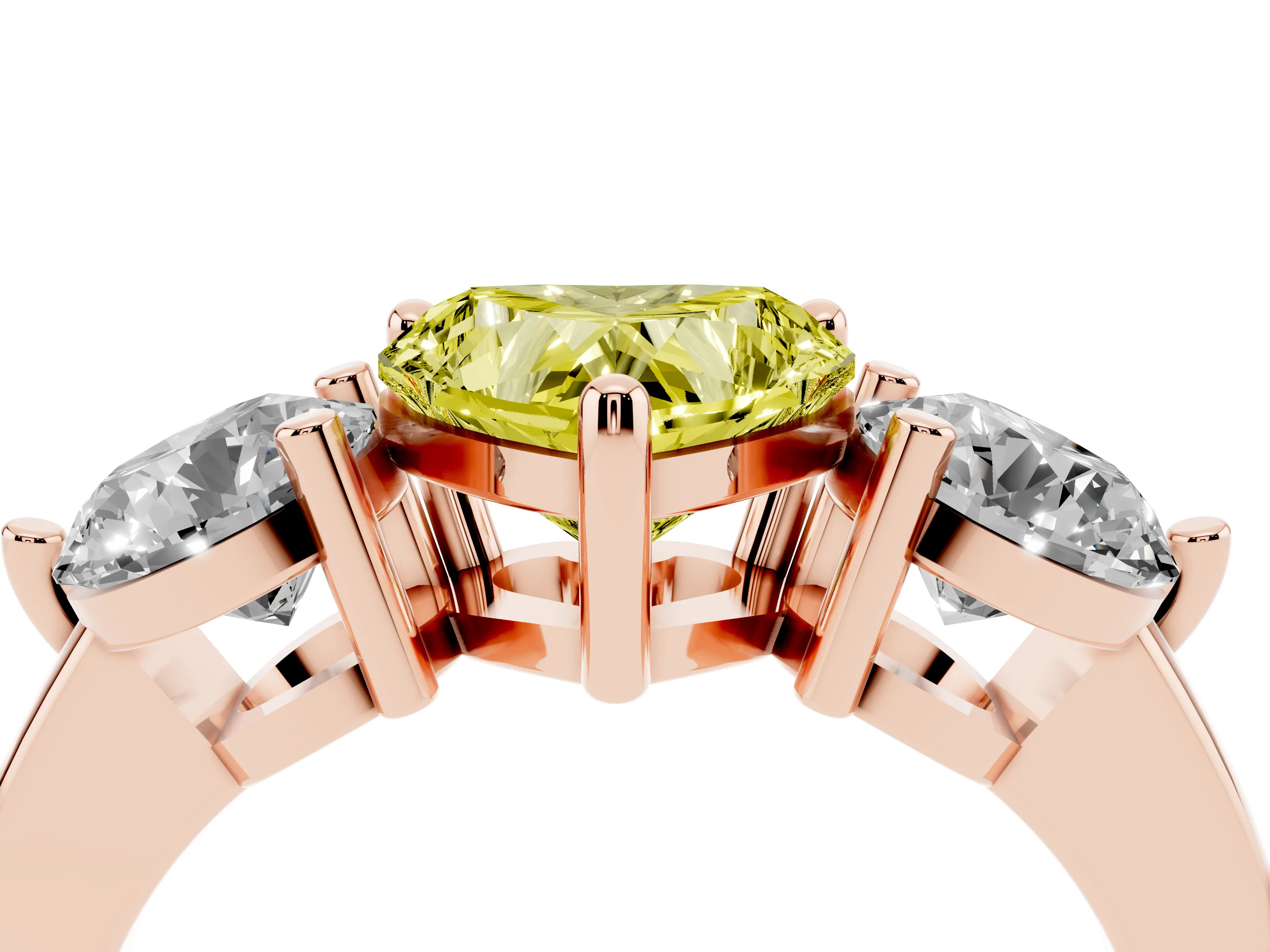 Fancy Yellow Heart Cut Diamond Three-Stone Ring Set in Rose gold with Prong Setting and Classic Band
