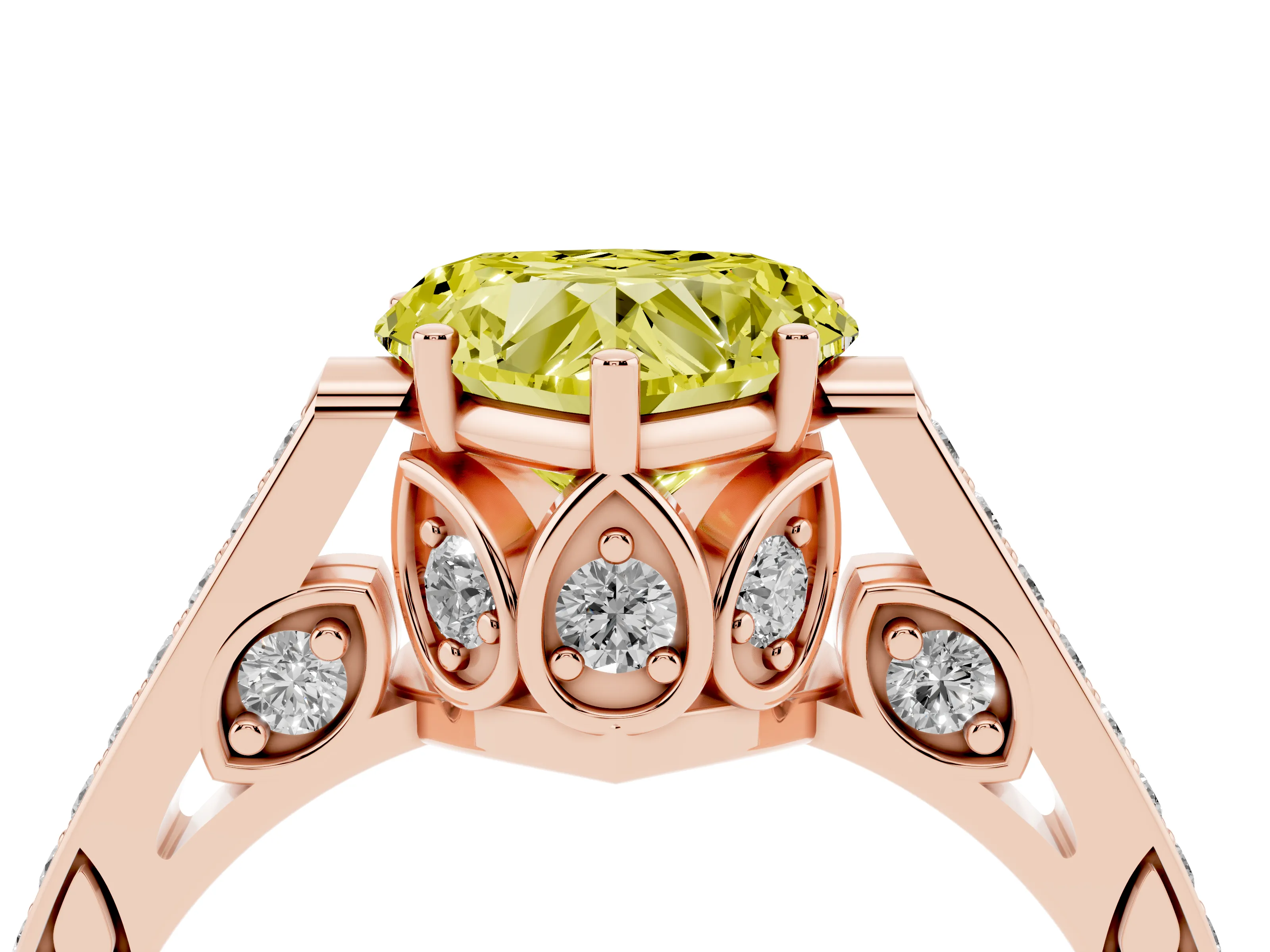Fancy Yellow Heart Cut Diamond Cathedral Pavé Engagement Ring Set in Rose gold with Prong Setting