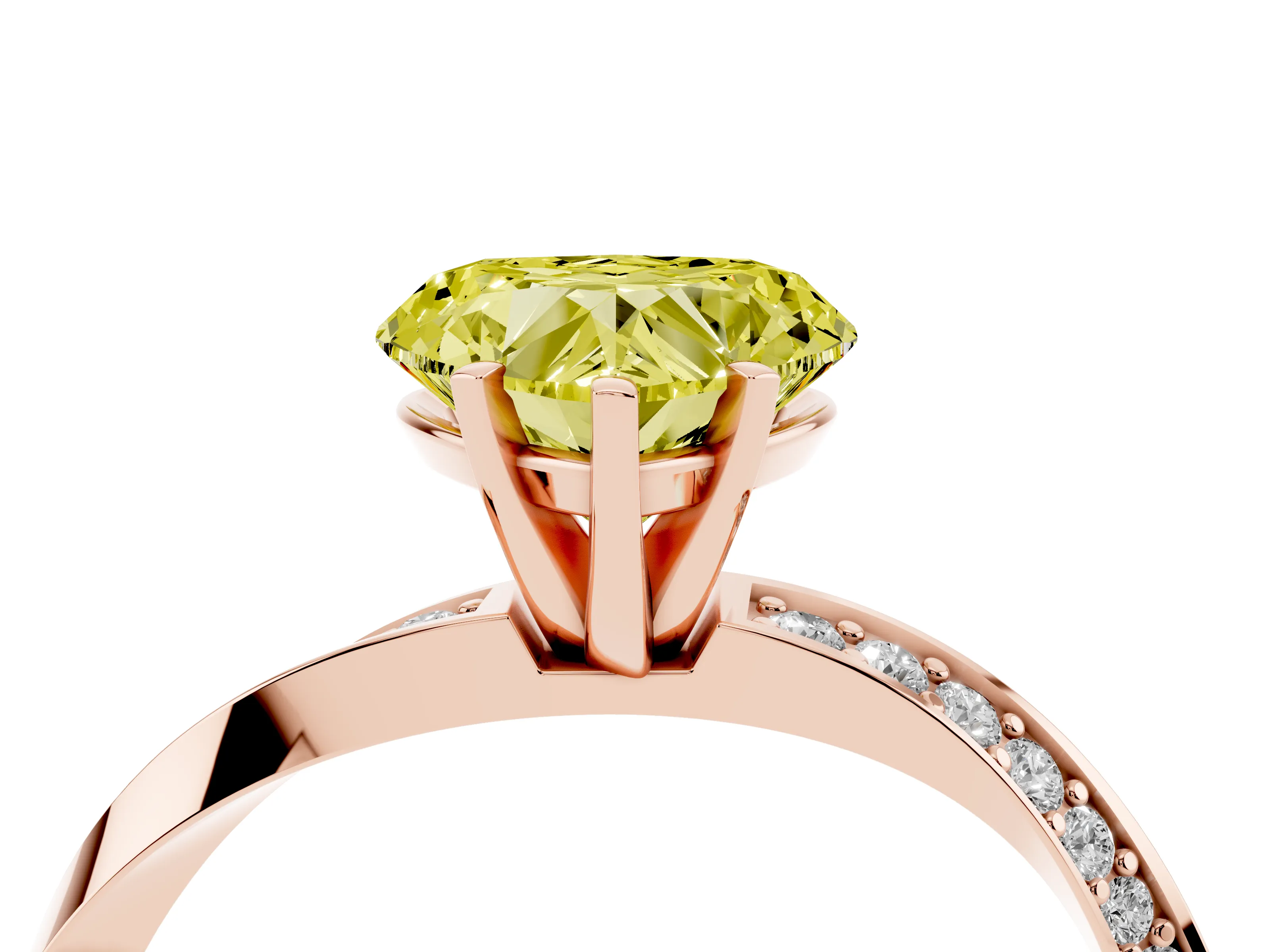 Fancy Yellow Heart Cut Diamond Engagement Ring Set in Rose gold with Side Stone Accents and Prong Setting