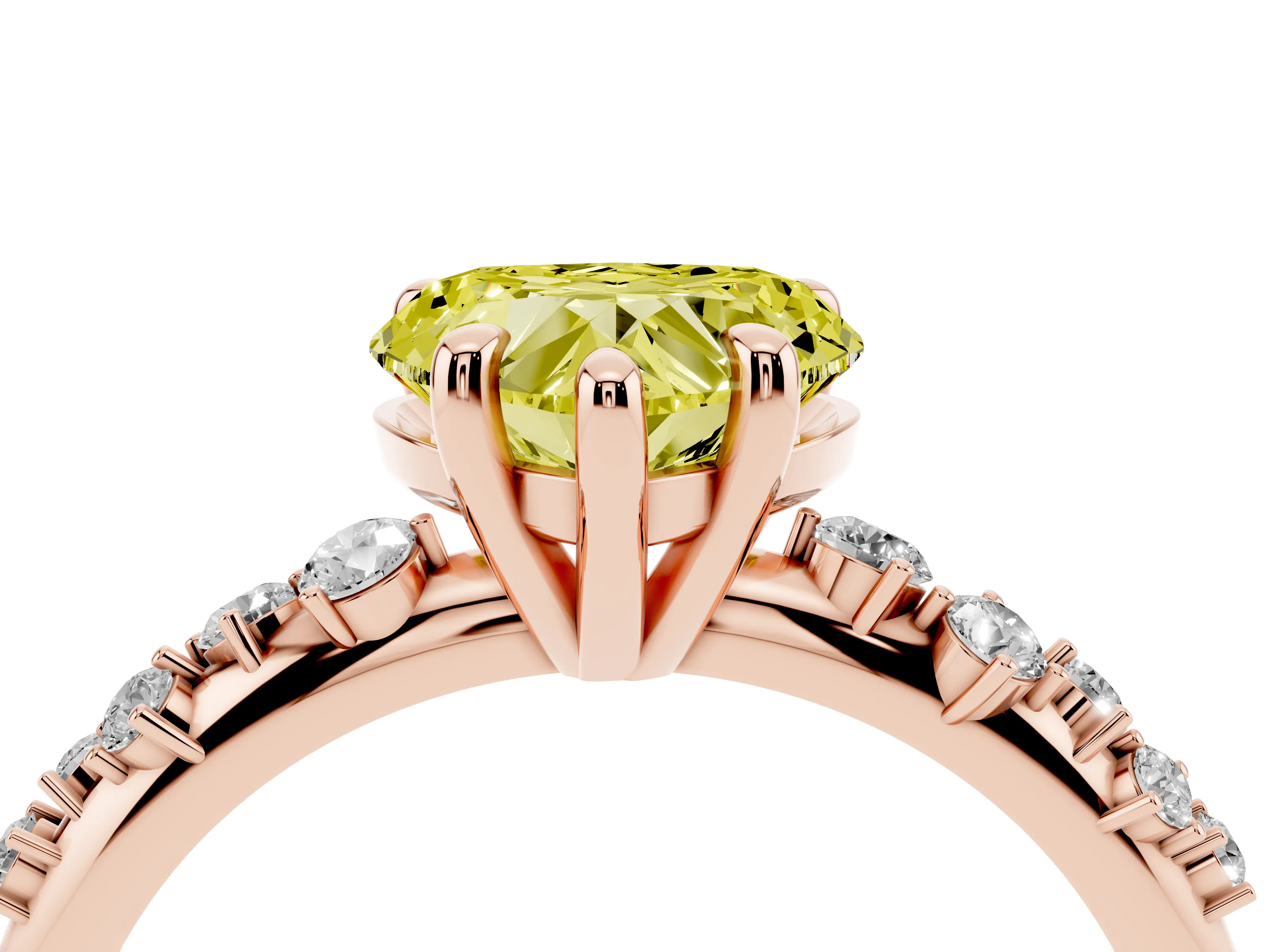 Fancy Yellow Heart Cut Diamond Solitaire Vine Band Ring Set in Rose gold with Round Accents and Prong Setting