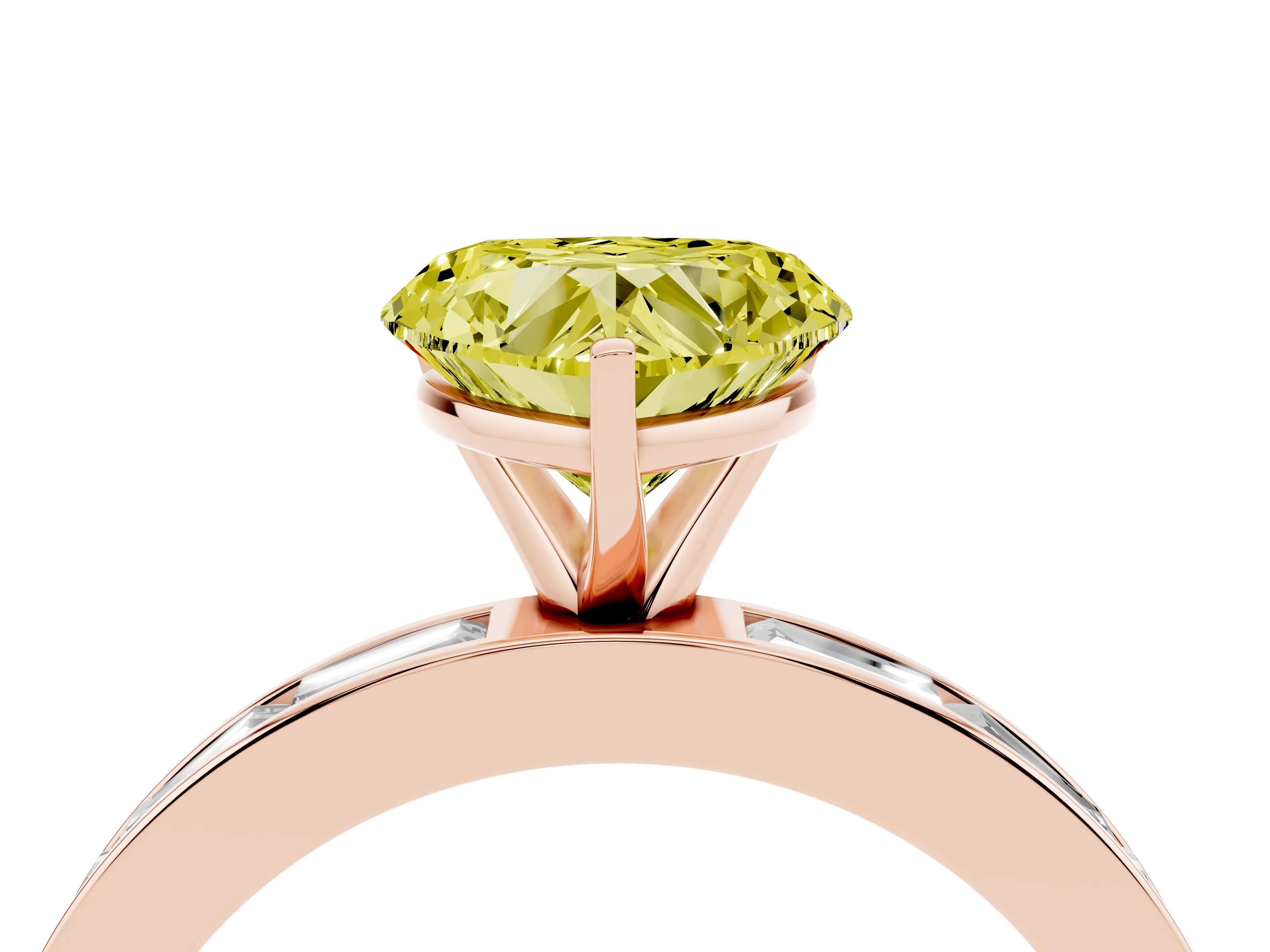 Fancy Yellow Heart Cut Diamond Solitaire Ring Set in Rose gold with Channel-Set Baguette Band and Prong Setting