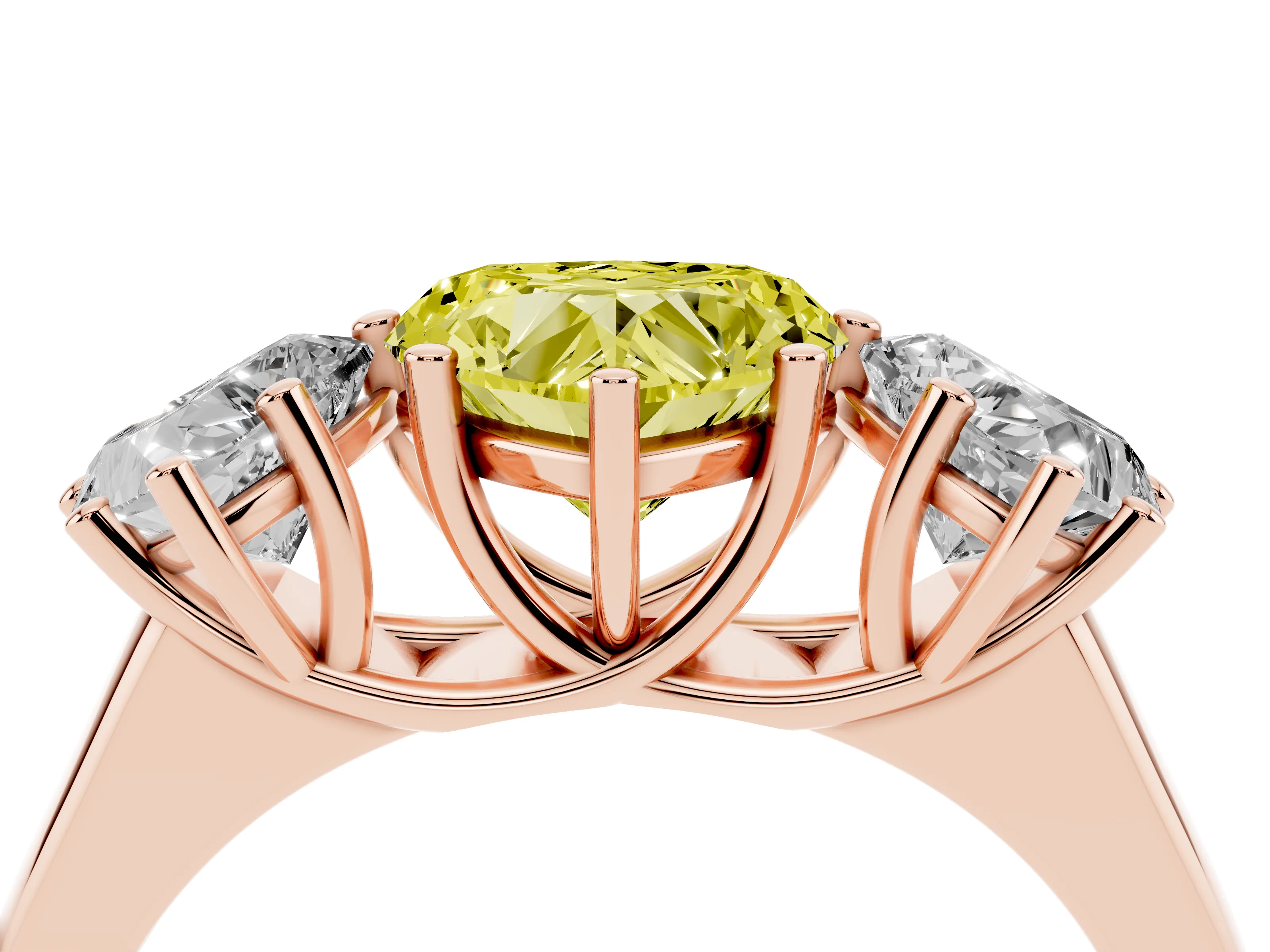 Fancy Yellow Heart Cut Diamond Three-Stone Ring Set in Rose gold with Plain Polished Band