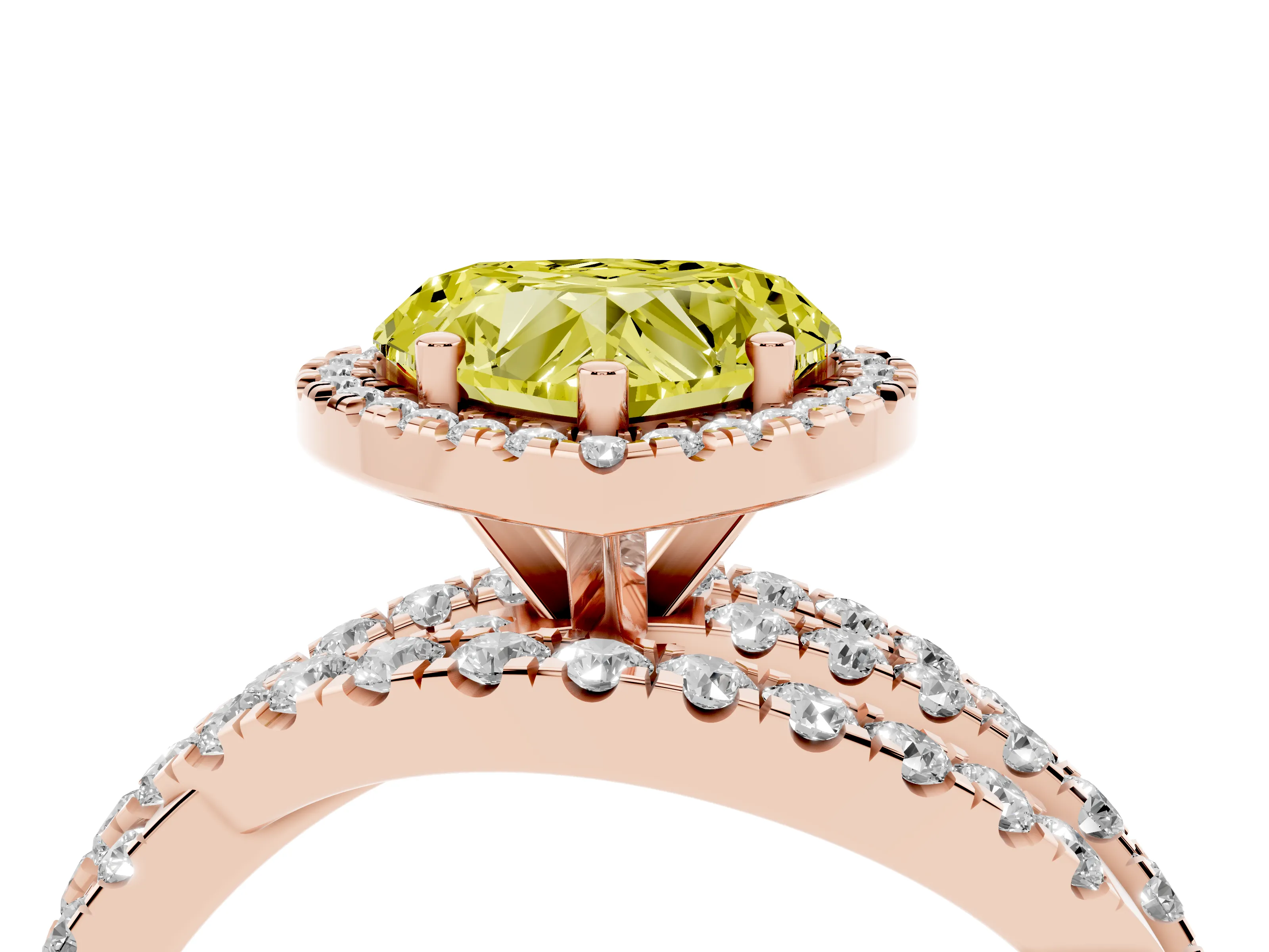Fancy Yellow Heart Cut Diamond Halo Ring Set in Rose gold with Round Crossover Split Shank and Prong Setting