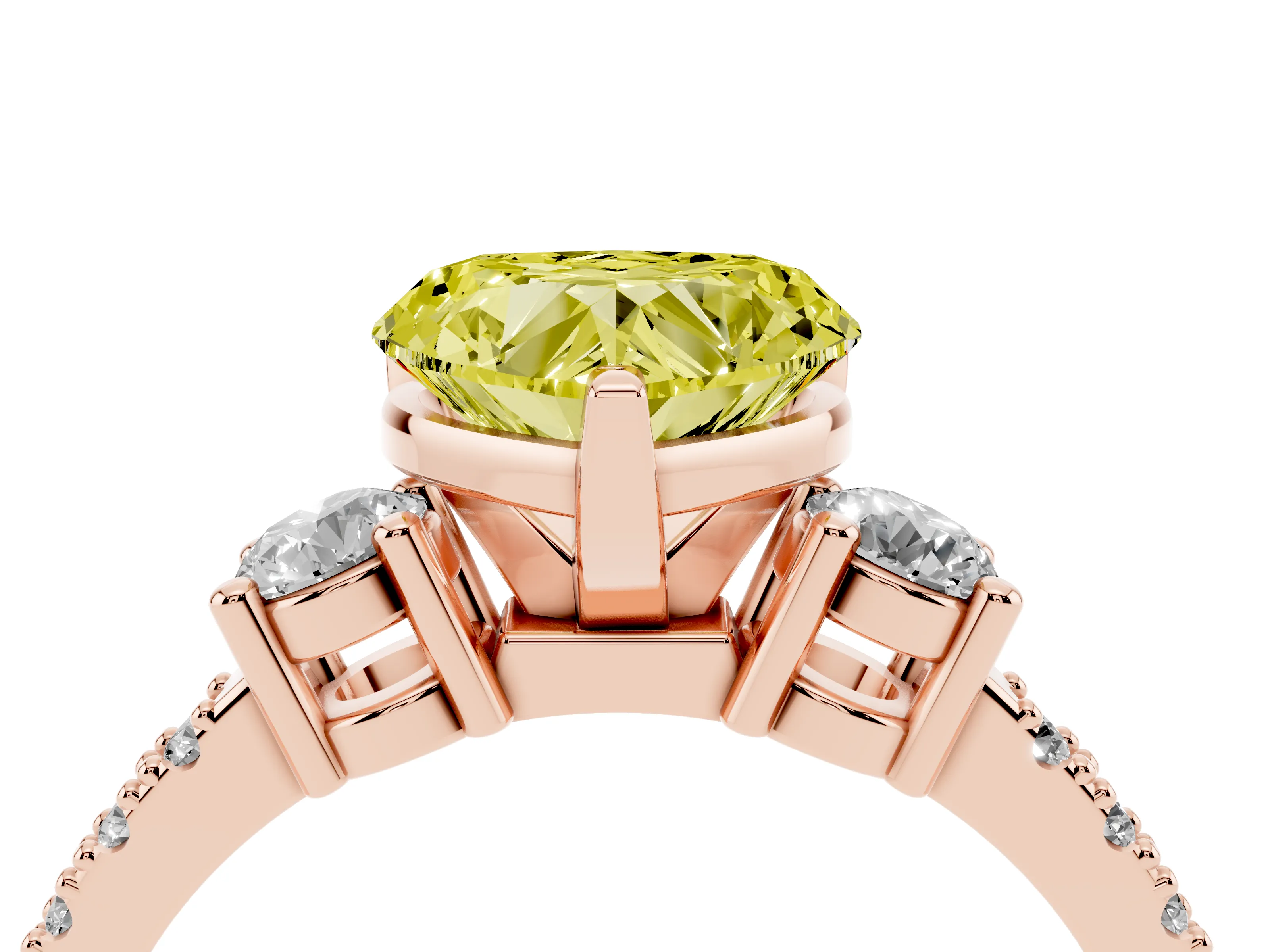 Fancy Yellow Three-Stone Heart Cut Diamond Pavé Band Ring Set in Rose gold with Prong Setting