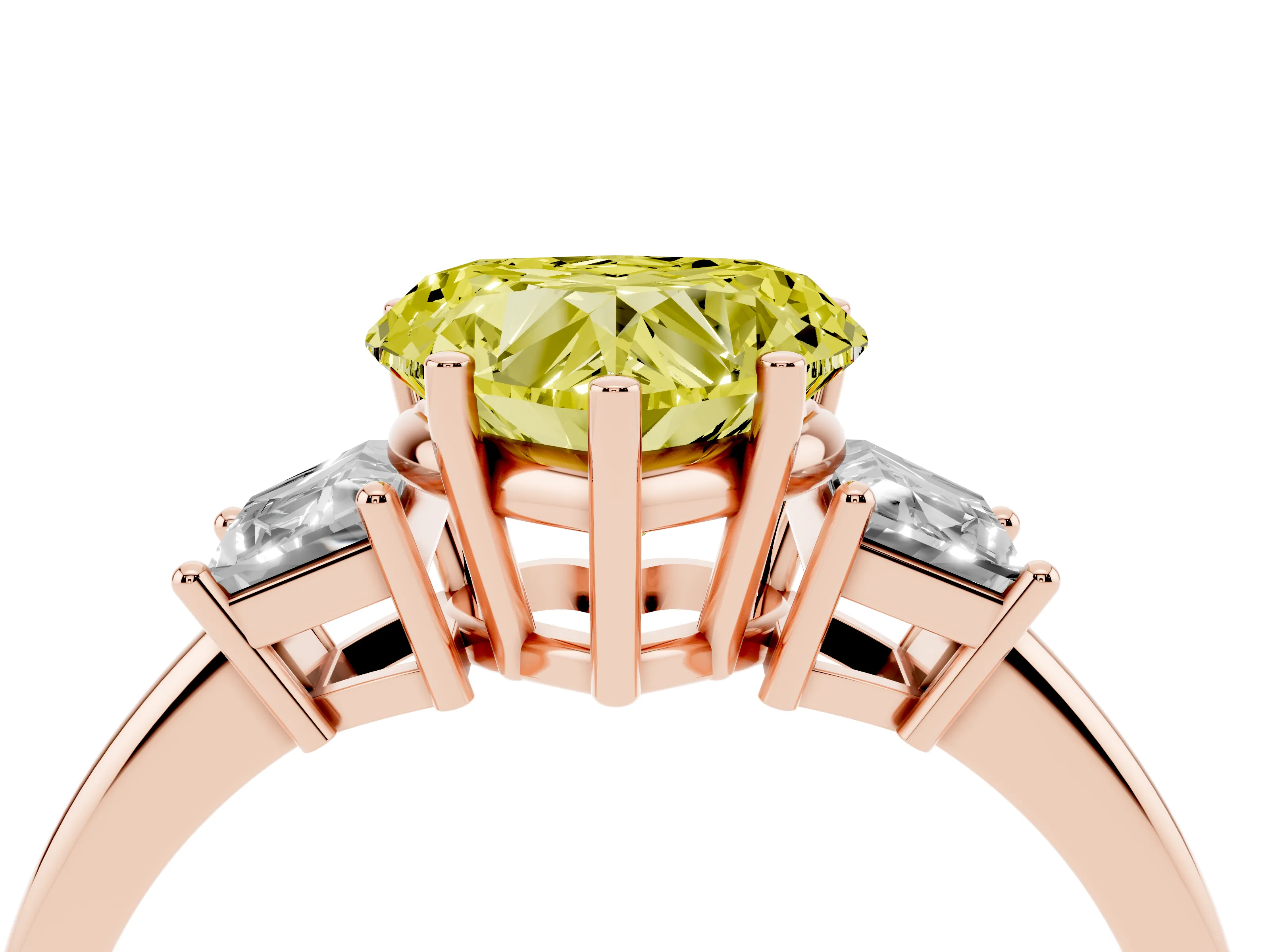 Fancy Yellow Heart Cut Diamond Three-Stone Ring Set in Rose gold with Trapezoid Side Stones and Prong Setting