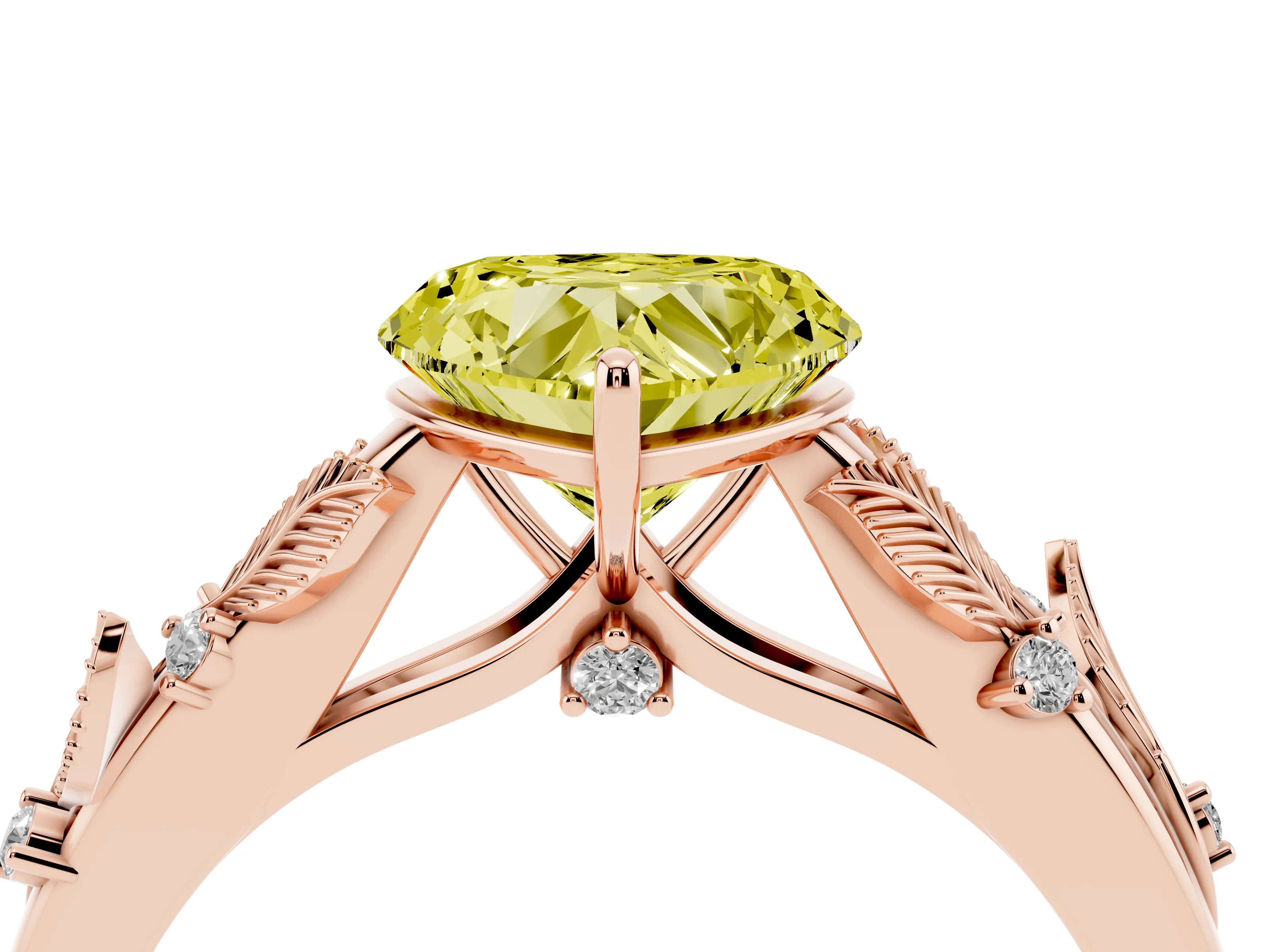 Fancy Yellow Heart Cut Diamond Solitaire Ring Set in Rose gold with Leaf Motif Band