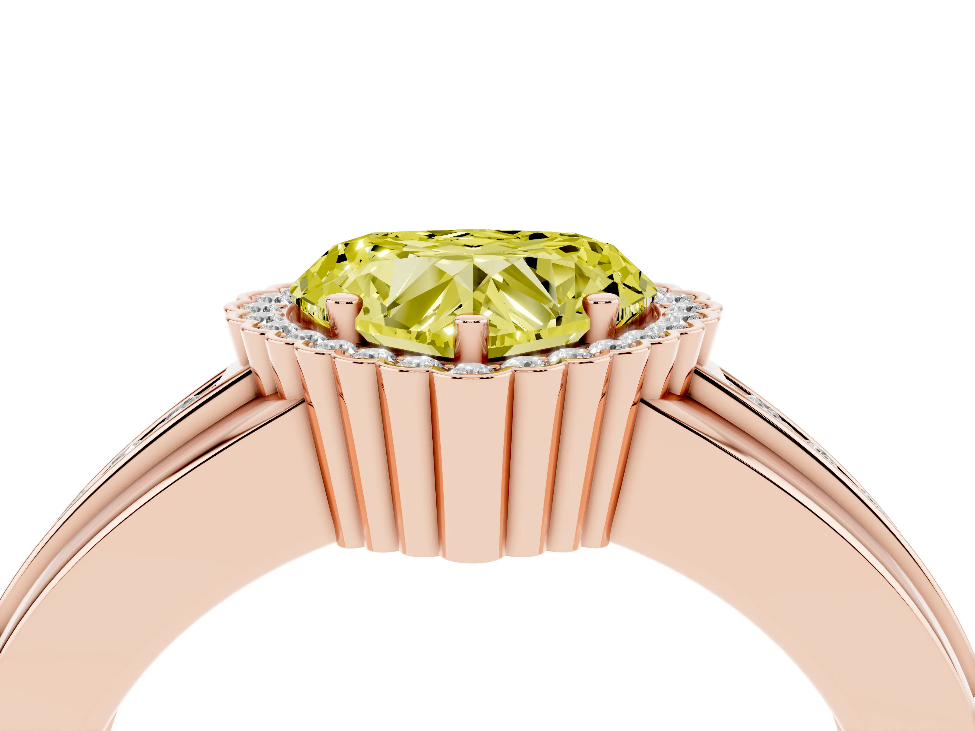Fancy Yellow Heart Cut Diamond Halo Prong Ring Set in Rose gold with Pavé Band