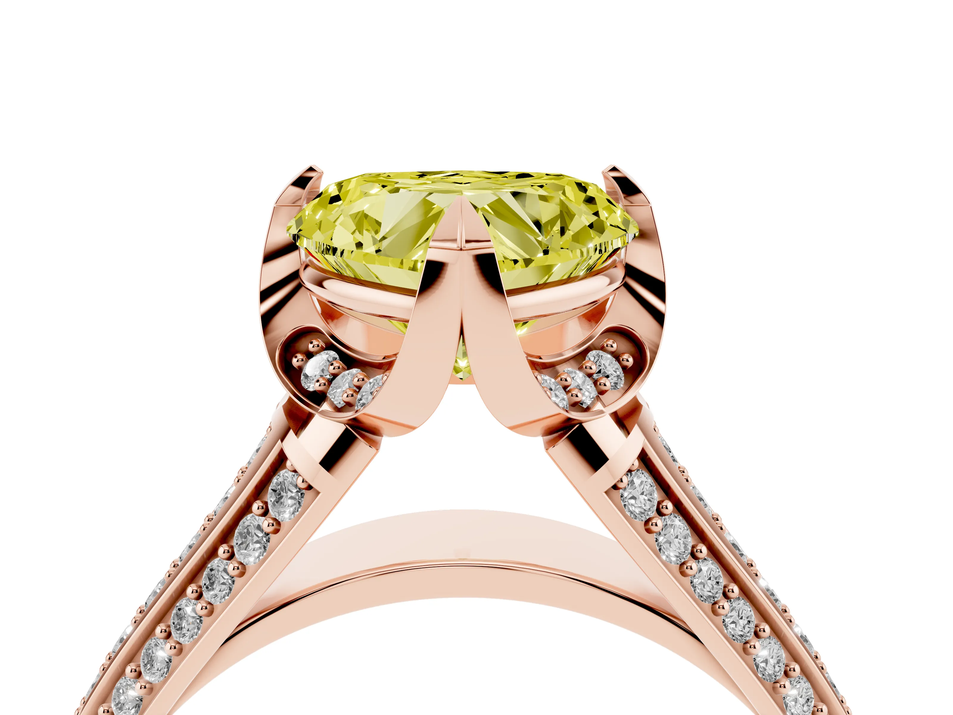 Fancy Yellow Heart Cut Diamond Pavé Split Shank Solitaire Ring Set in Rose gold with Prong Setting
