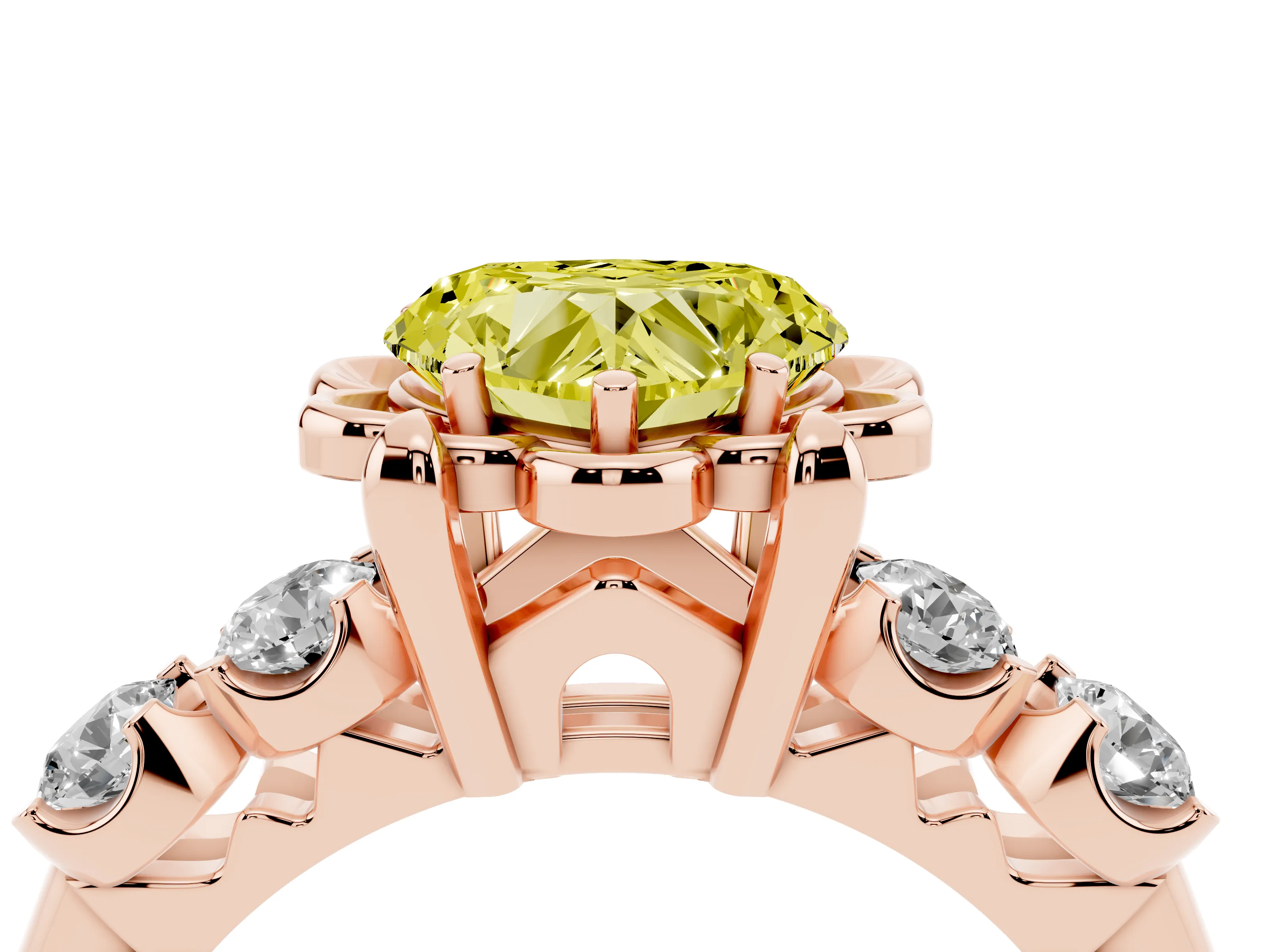Fancy Yellow Heart Cut Diamond Floral Halo Ring Set in Rose gold with Shared Prong Band