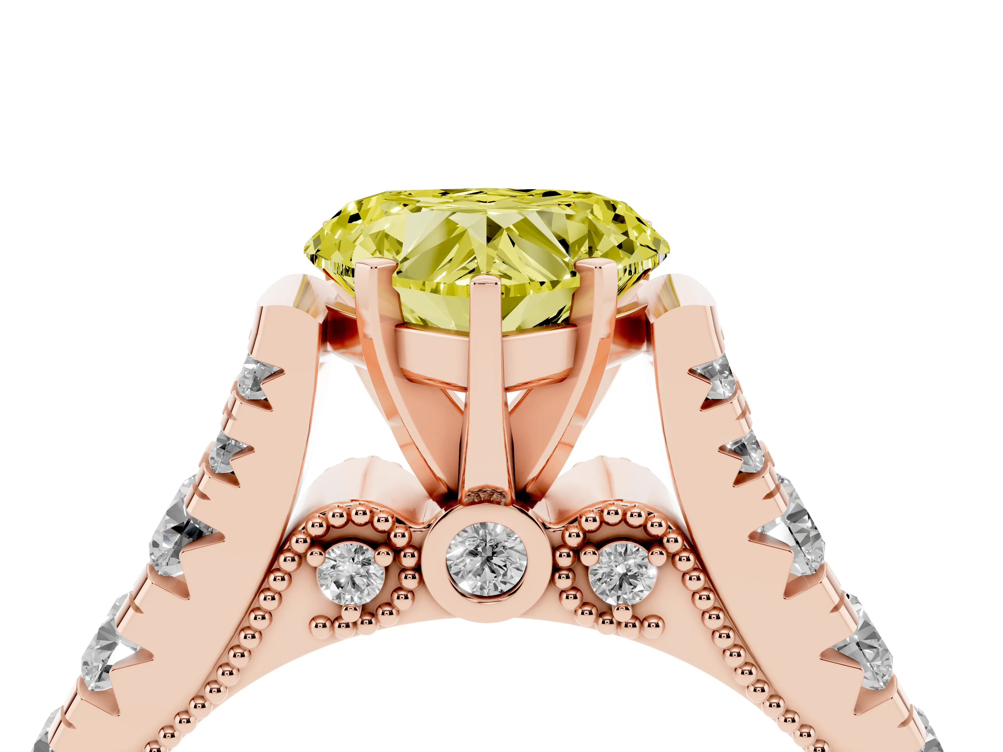 Fancy Yellow Heart Cut Diamond Classic Solitaire Ring Set in Rose gold with Pavé Band and Prong Setting