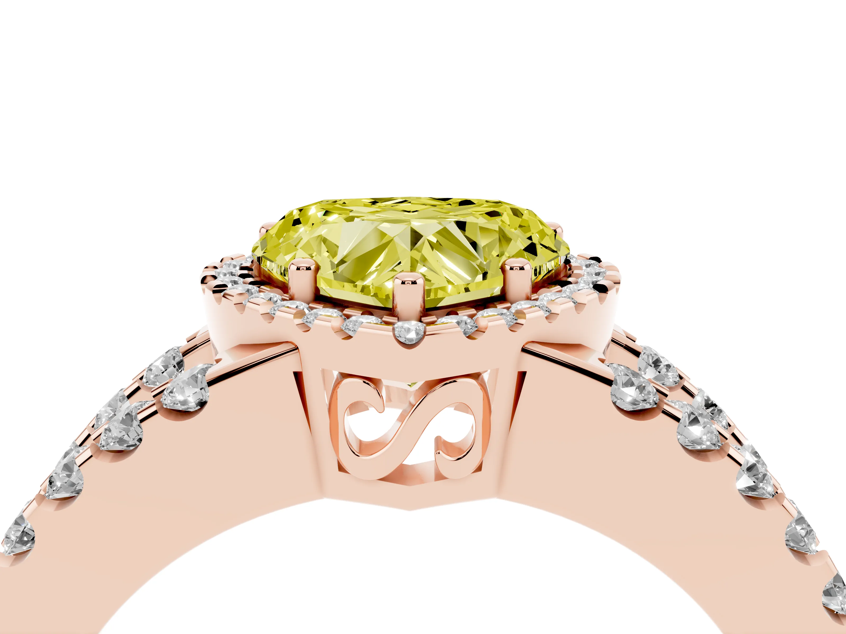 Fancy Yellow Heart Cut Diamond Halo Ring Set in Rose gold with Pavé Split Shank and Prong Setting