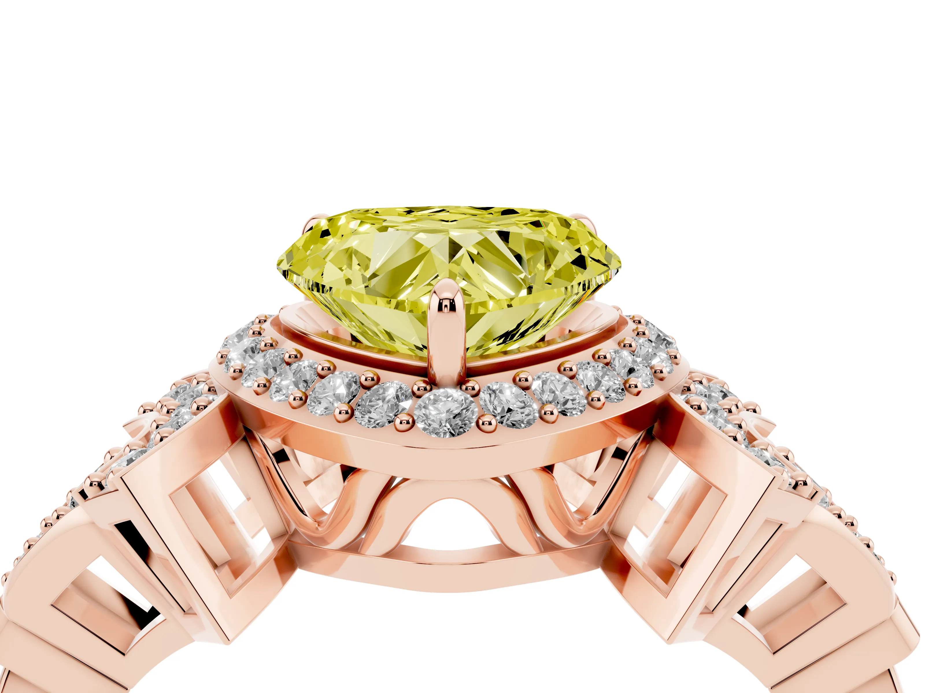 Fancy Yellow Heart Cut Diamond Halo Engagement Ring Set in Rose gold with Accent Stone Split Shank