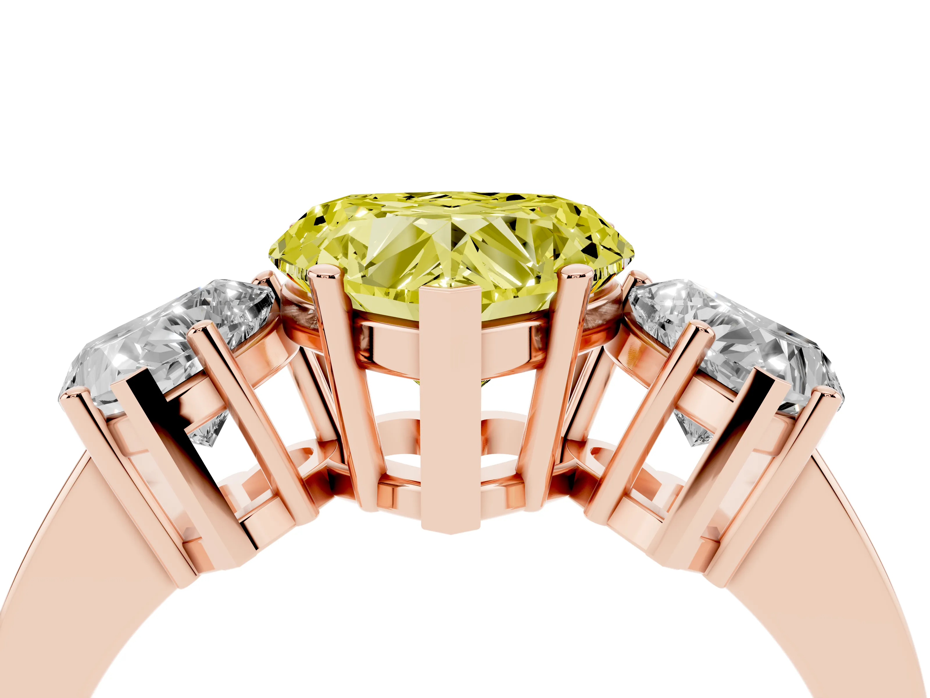 Fancy Yellow Heart Cut Diamond Three-Stone Engagement Ring Set in Rose gold with Flat Band