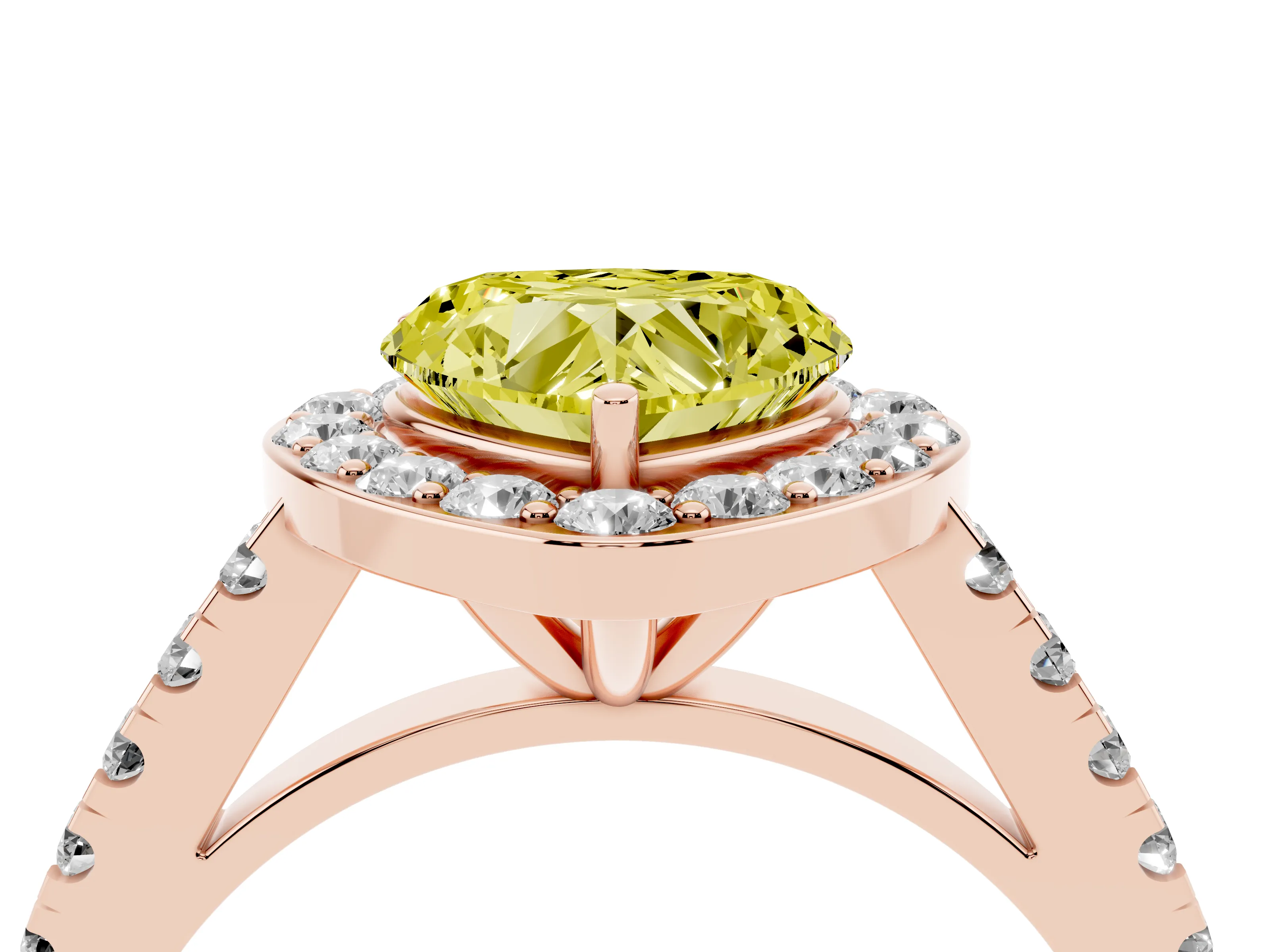 Fancy Yellow Heart Cut Diamond Halo Ring Set in Rose gold with Round Pavé Split Shank and Prong Setting