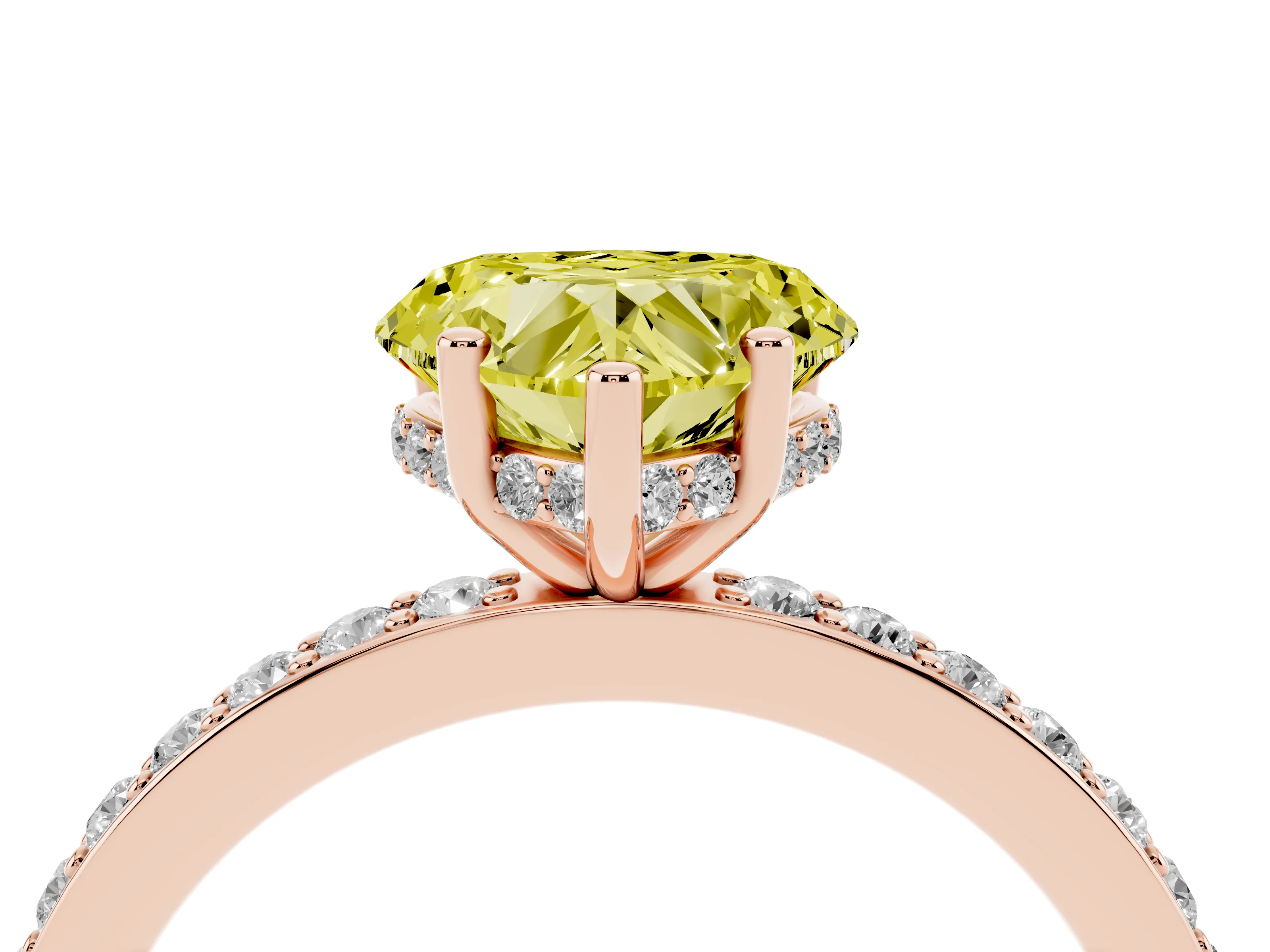 Fancy Yellow Heart Cut Diamond Pavé Band Ring Set in Rose gold with Prong-Set Center Stone