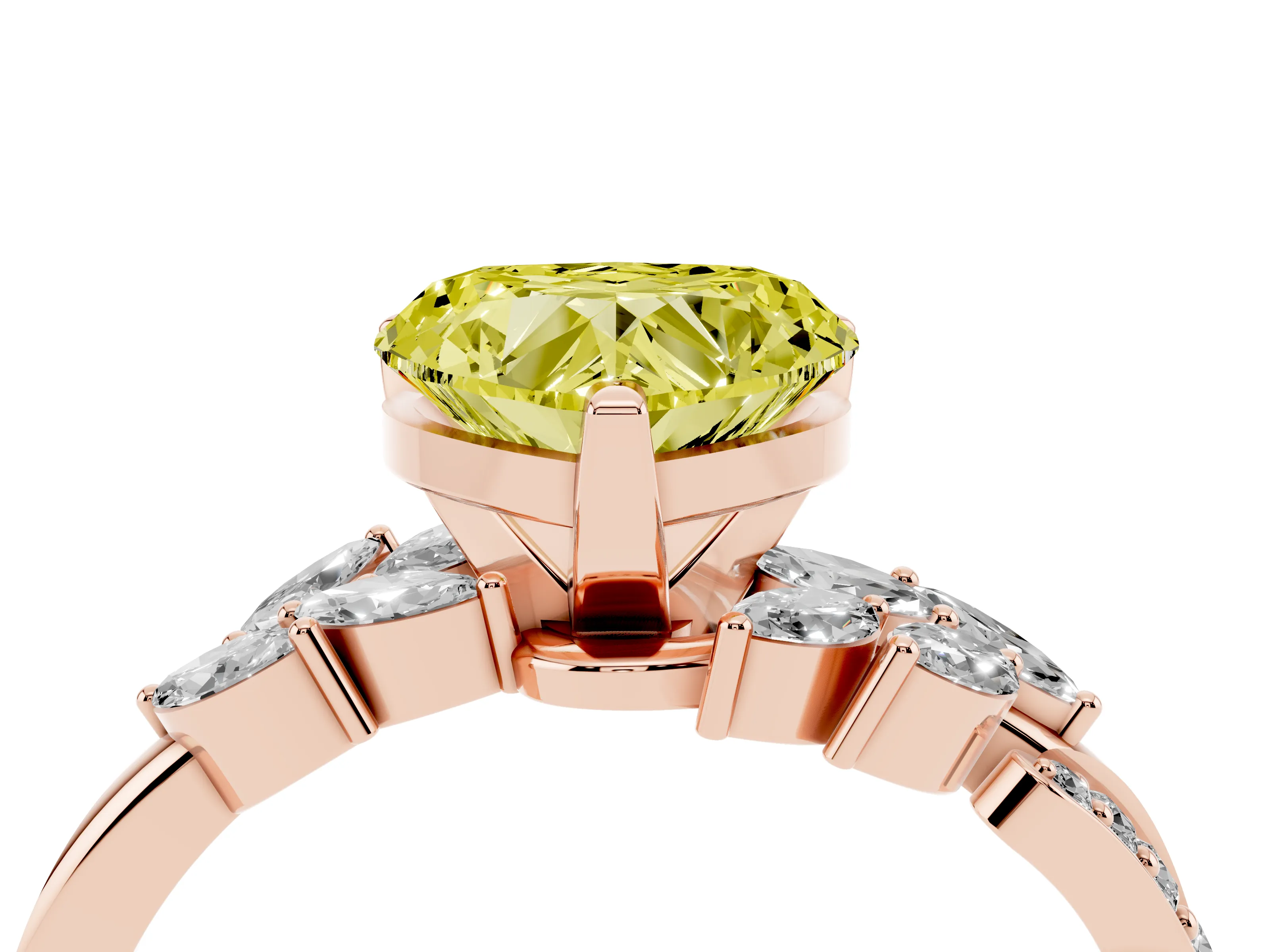 Fancy Yellow Heart Cut Diamond Solitaire Ring Set in Rose gold with Marquise Twist Band and Prong Setting