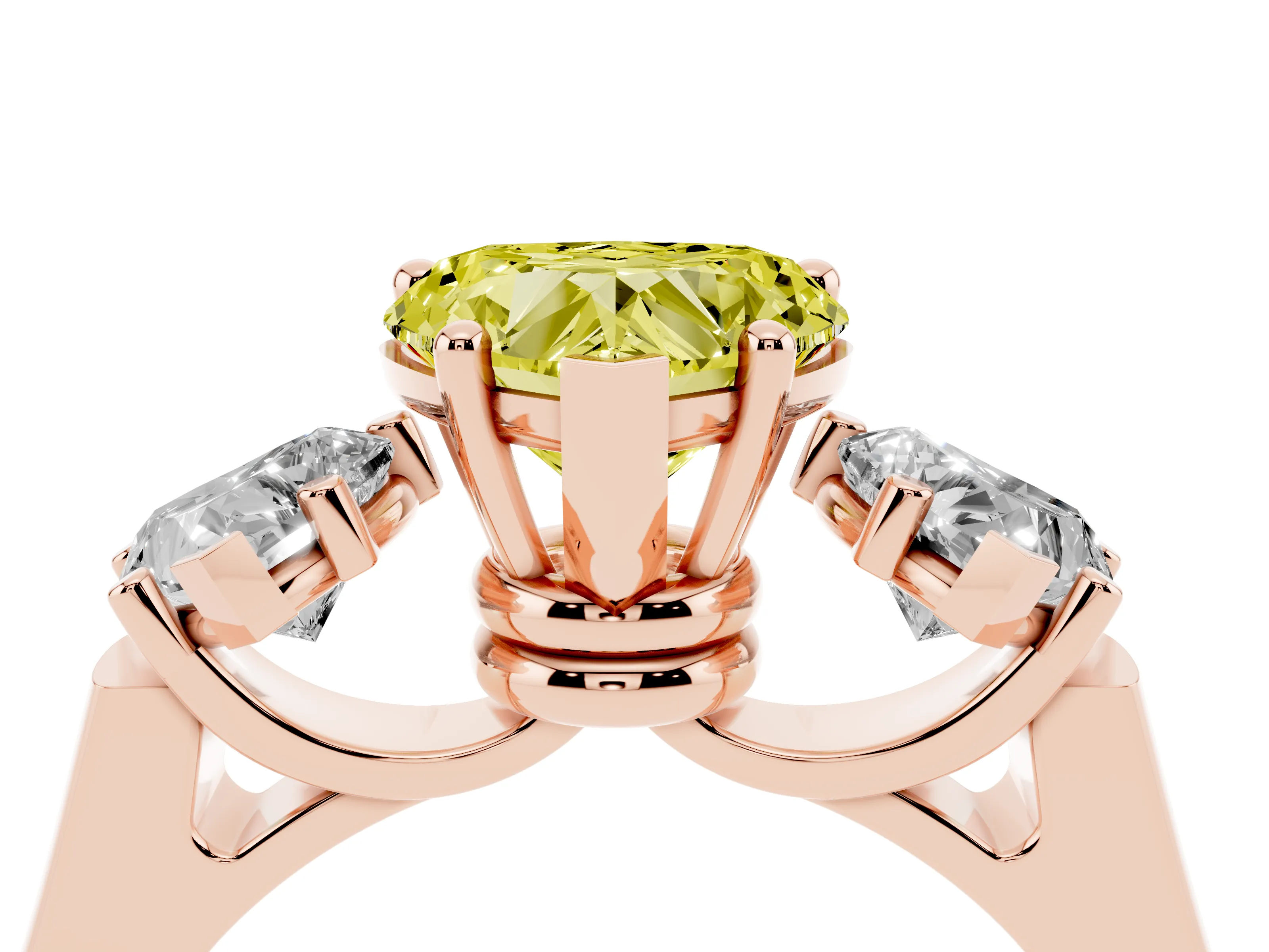 Fancy Yellow Heart Cut Diamond Three-Stone Trellis Ring Set in Rose gold with Comfort Fit Band