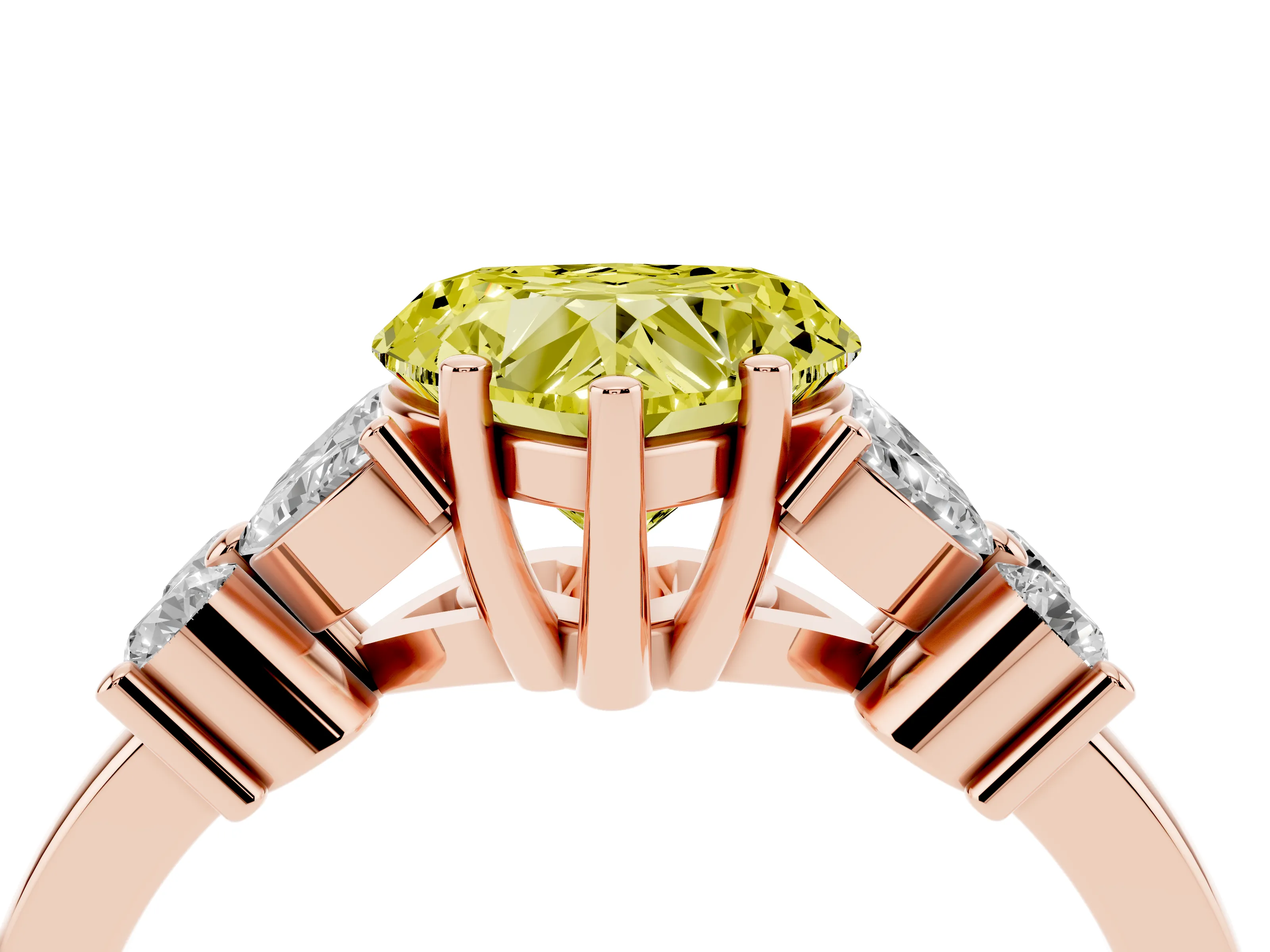 Fancy Yellow Heart Cut Diamond Floral Cluster Ring Set in Rose gold with Marquise Petals and Prong Setting