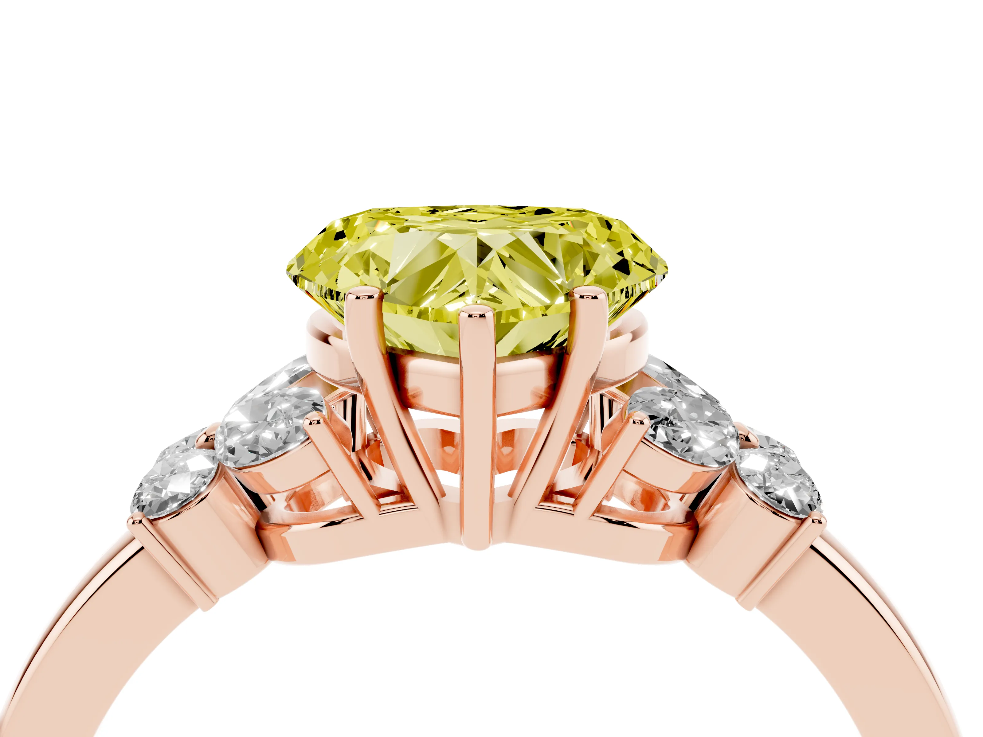 Fancy Yellow Heart Cut Diamond Solitaire Floral Ring Set in Rose gold with Marquise Petals and Prong Setting