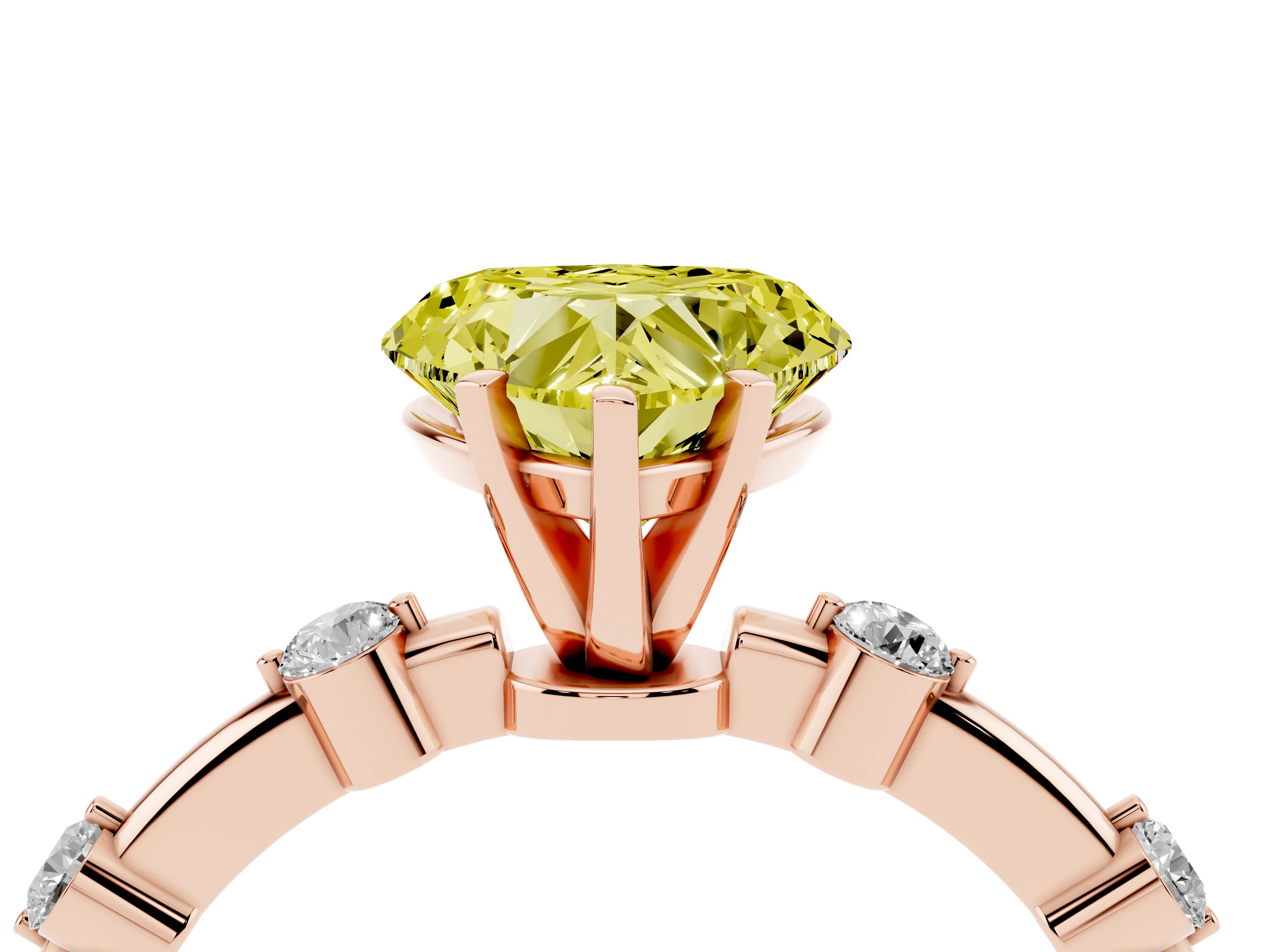 Fancy Yellow Heart Cut Diamond Solitaire Ring Set in Rose gold with Bezel Set Side Stones and Prong Setting