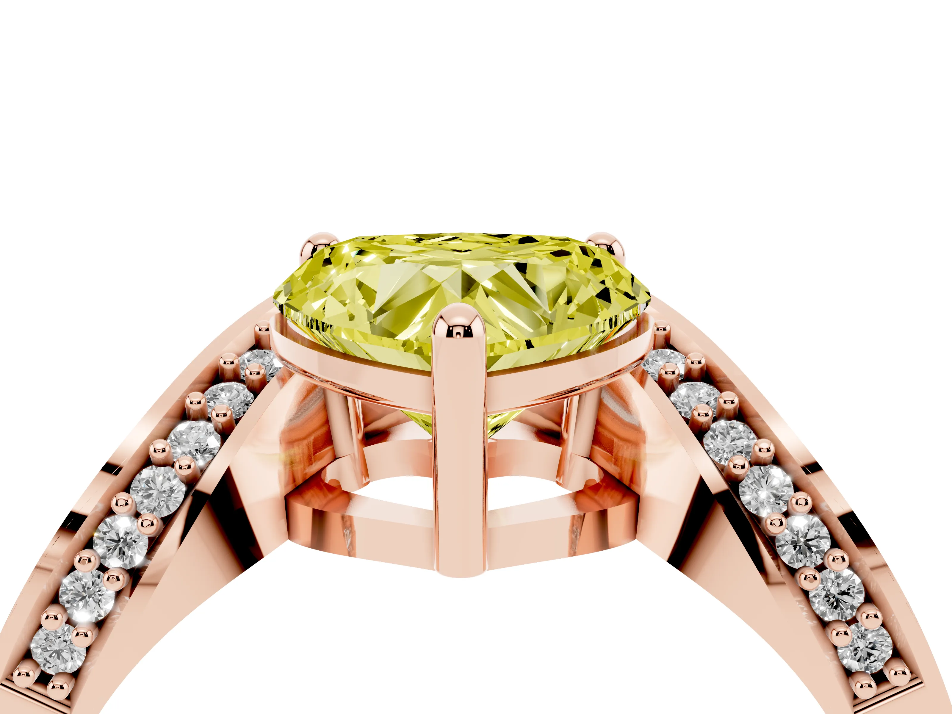 Fancy Yellow Heart Cut Diamond Solitaire Engagement Ring Set in Rose gold with Pavé Shoulders