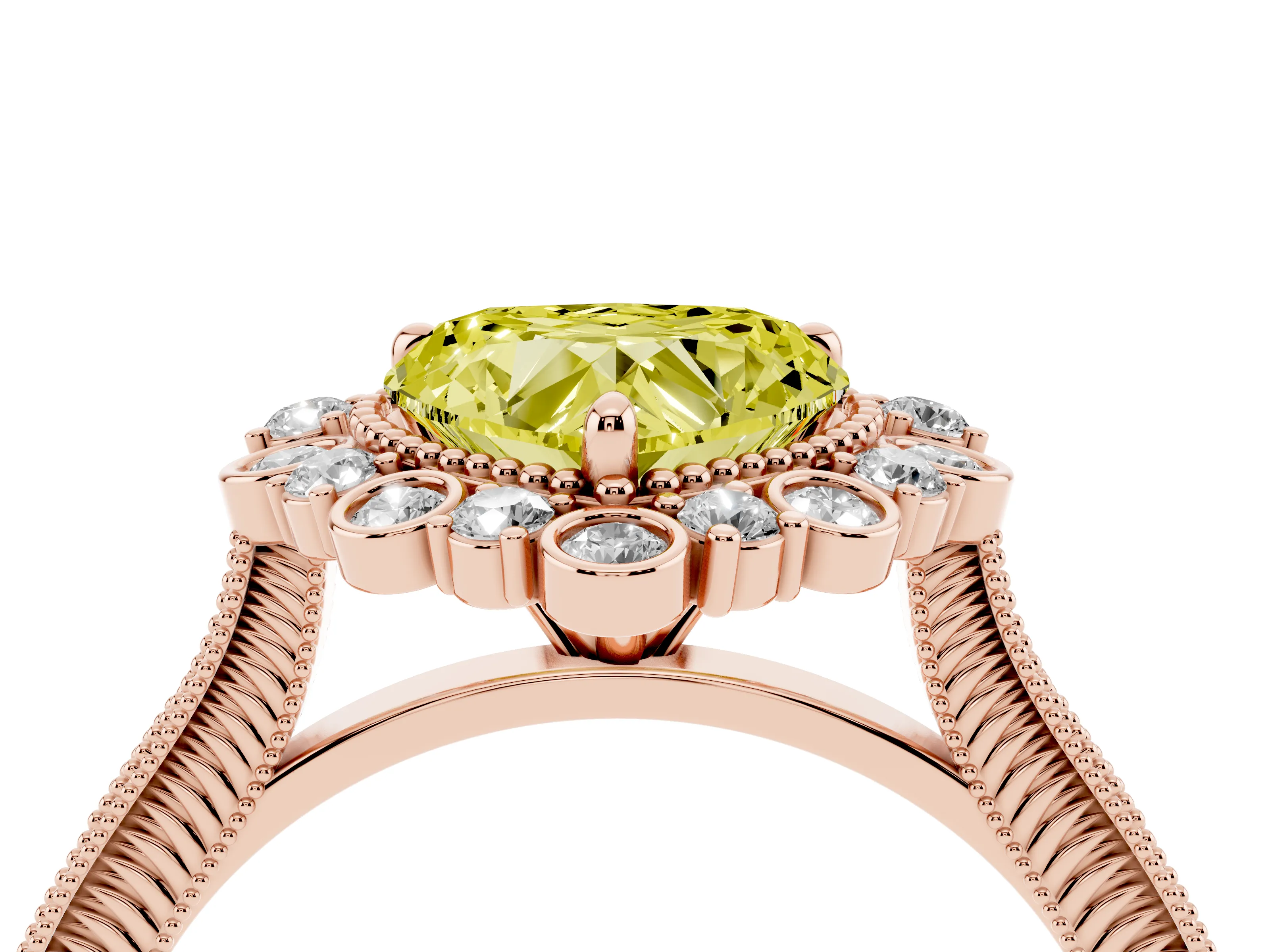 Fancy Yellow Heart Cut Diamond Halo Milgrain Pavé Ring Set in Rose gold with Prong Setting