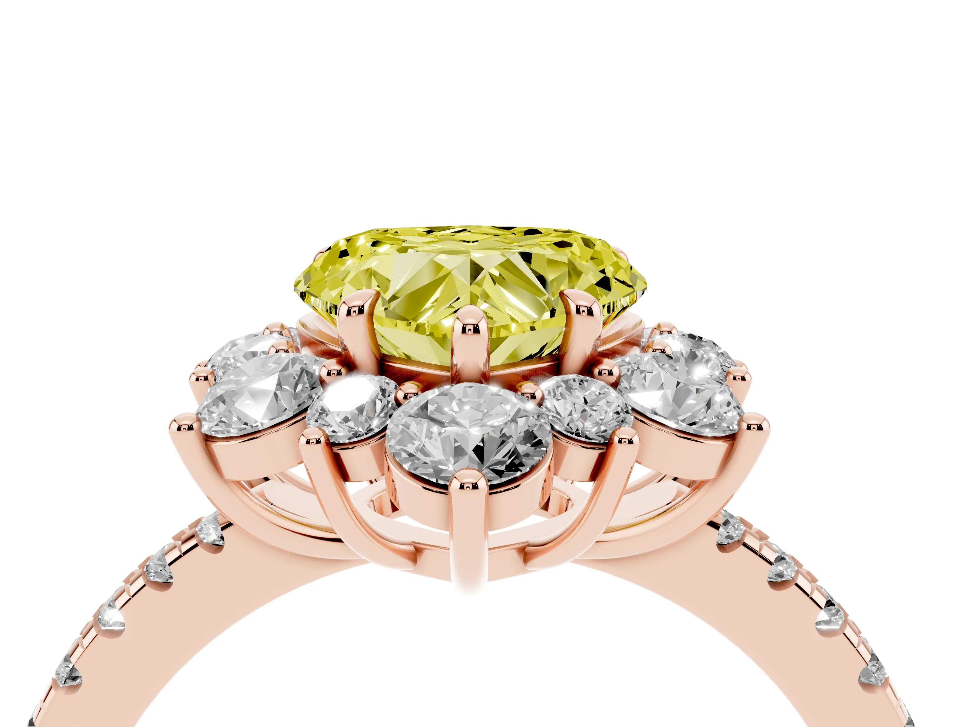 Fancy Yellow Heart Cut Diamond Floral Halo Ring Set in Rose gold with Round Pavé Band and Prong Setting