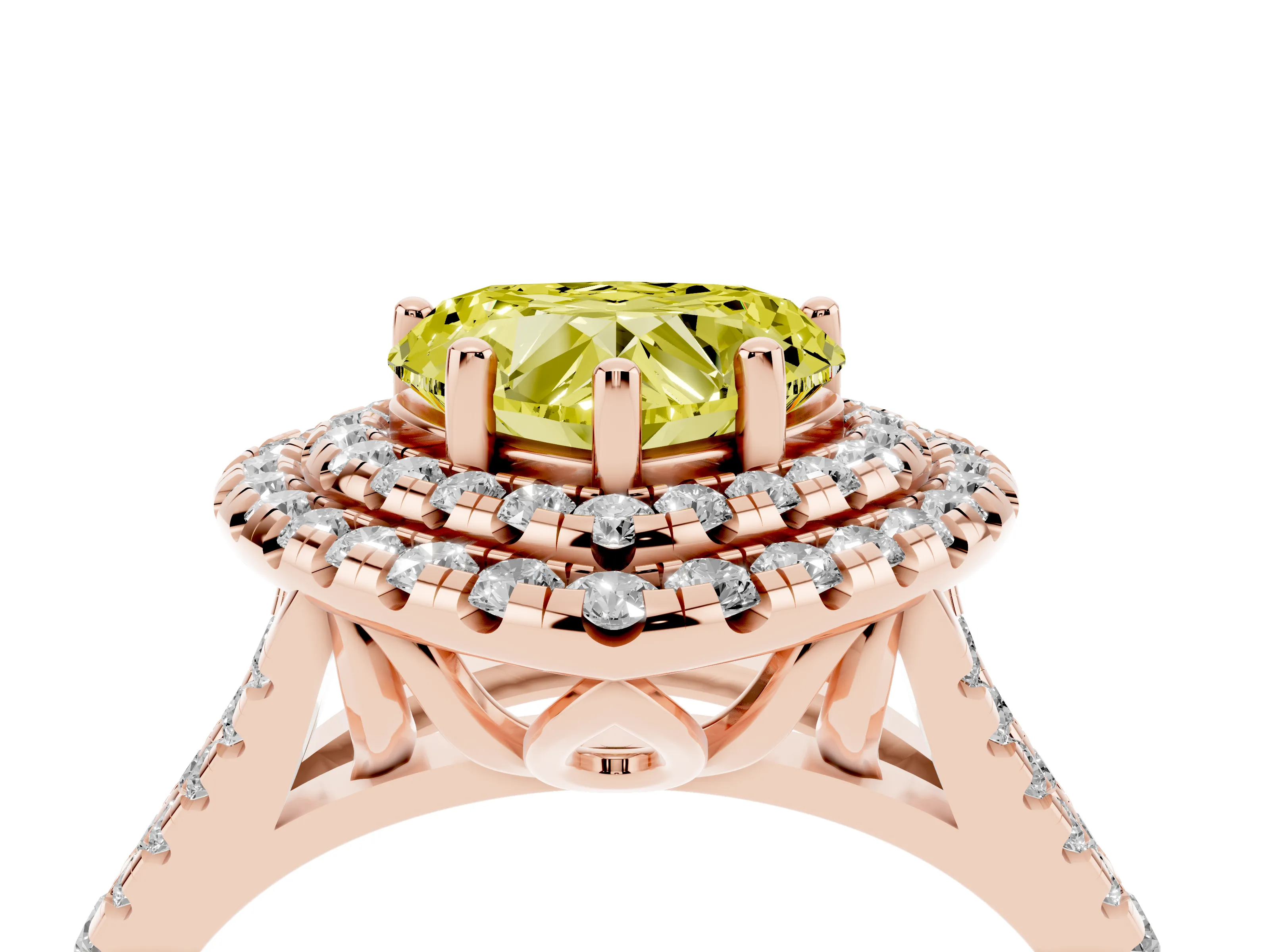 Fancy Yellow Heart Cut Diamond Double Halo Ring Set in Rose gold with Pavé Split Shank and Prong Setting