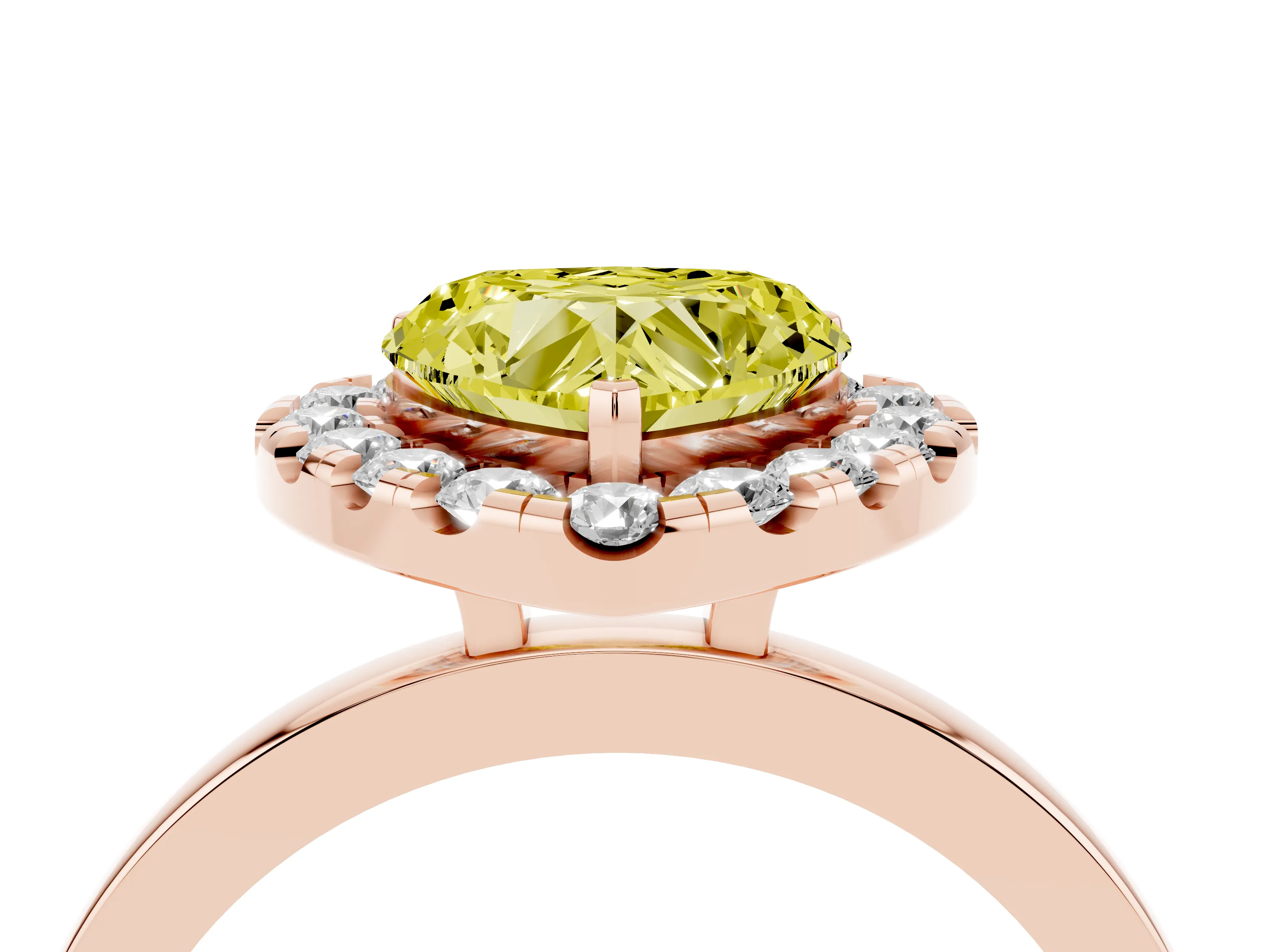 Fancy Yellow Heart Cut Diamond Halo Solitaire Ring Set in Rose gold with Pavé Band and Prong Setting