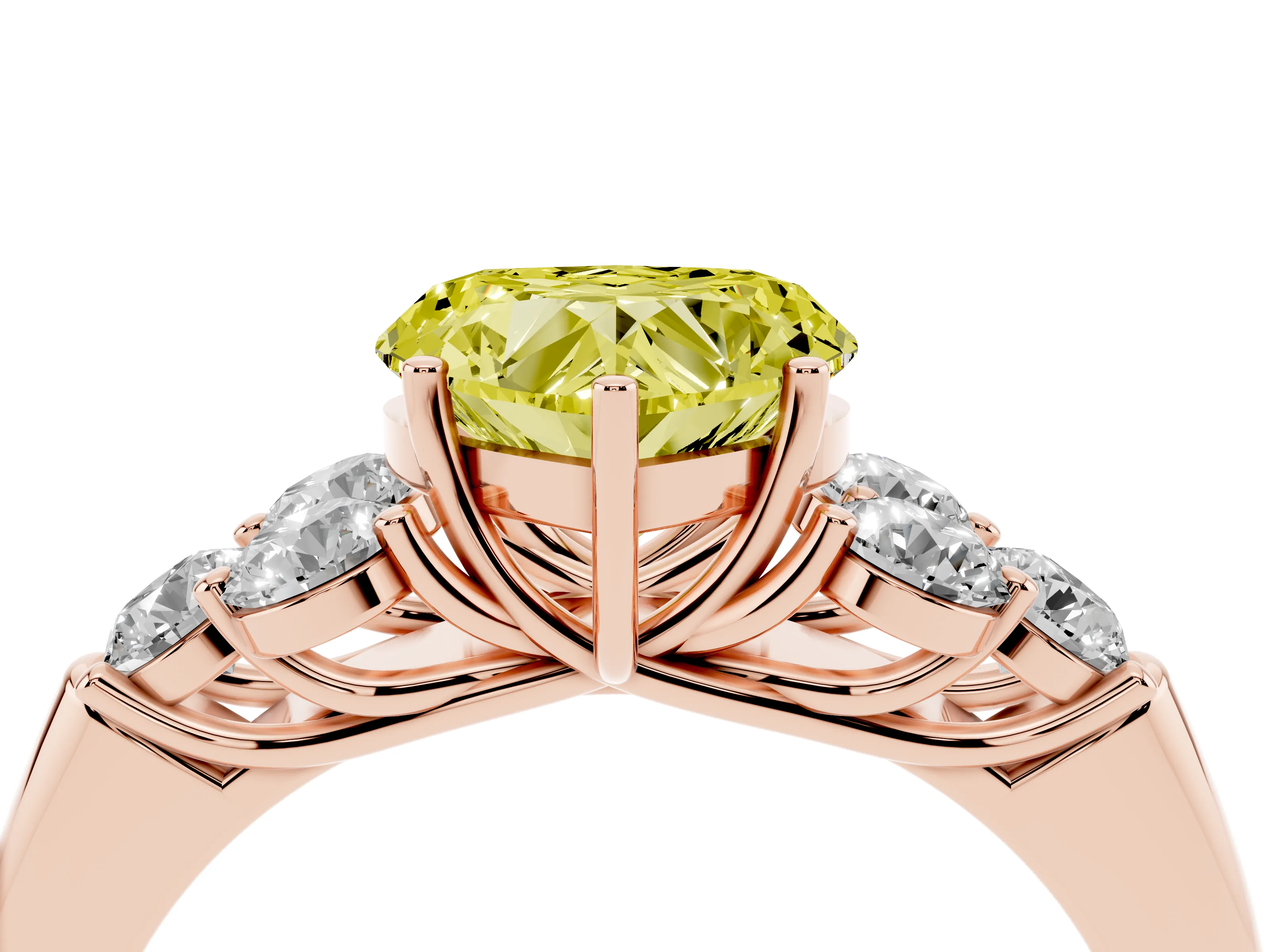 Fancy Yellow Heart Cut Diamond Cluster Ring Set in Rose gold with Round Accent Stones and Prong Setting on a Plain Band