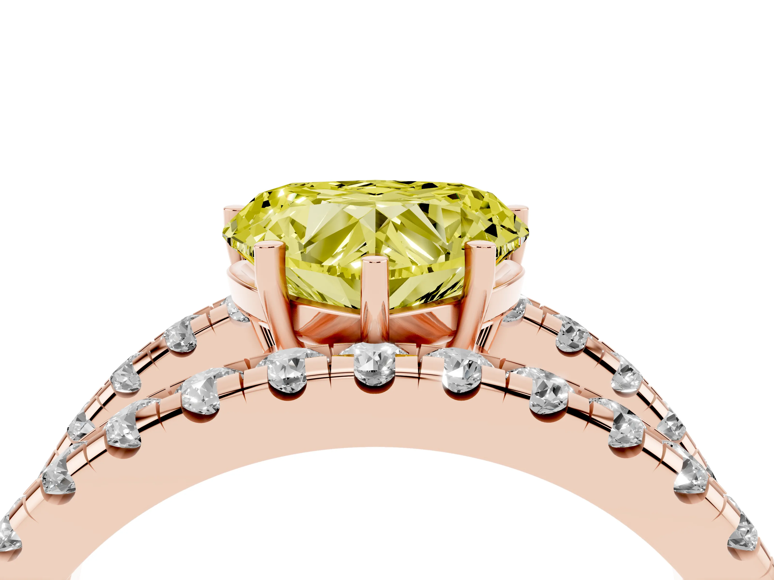 Fancy Yellow Heart Cut Diamond Split Shank Pavé Solitaire Ring Set in Rose gold with Open Shank Design