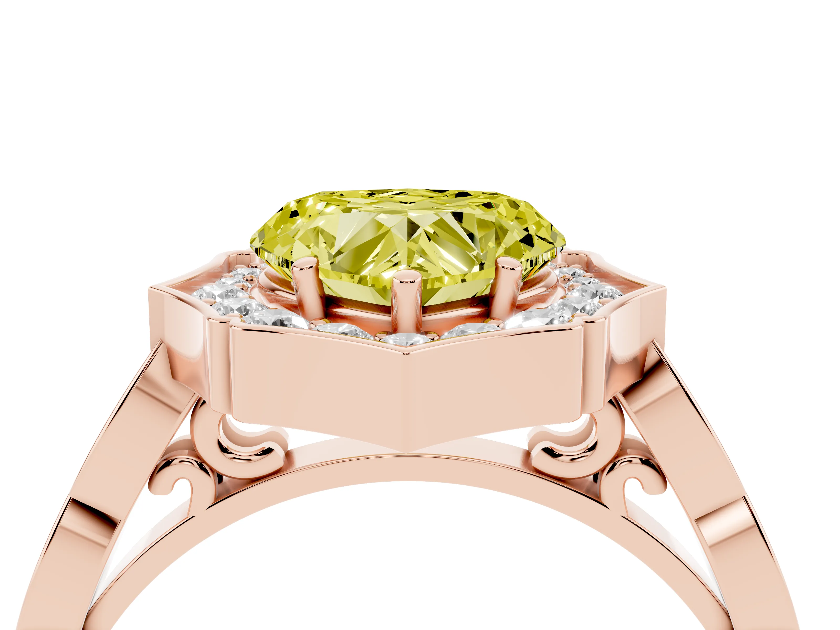 Fancy Yellow Heart Cut Diamond Halo Engagement Ring Set in Rose gold with Milgrain Band and Prong Setting