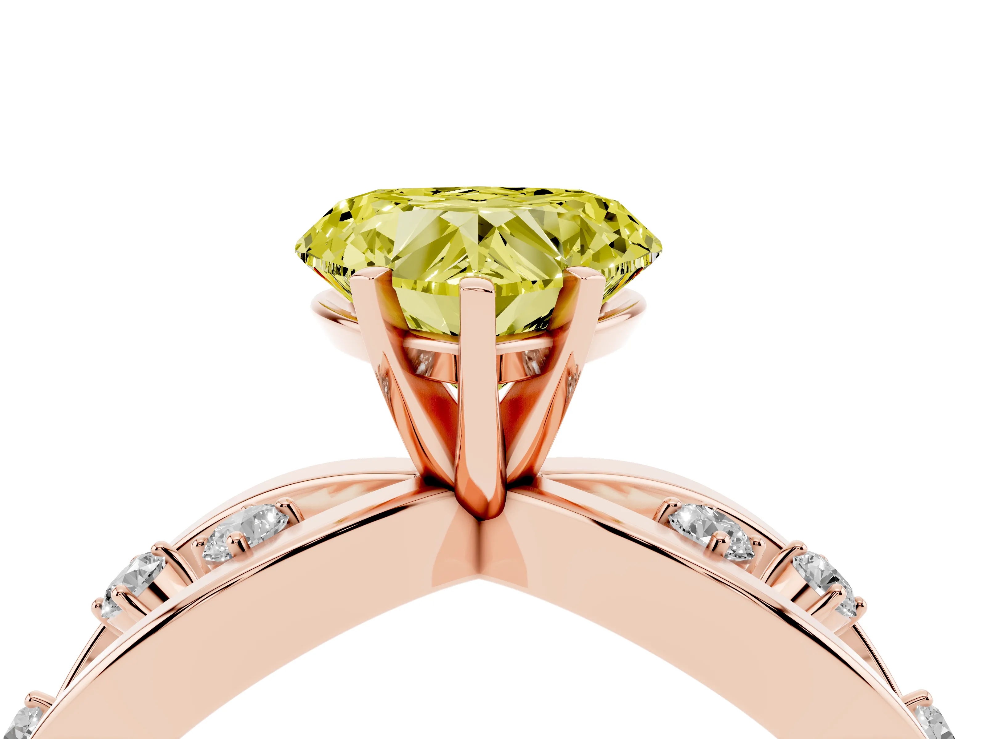 Fancy Yellow Heart Cut Diamond Solitaire Ring Set in Rose gold with Side Stones on Criss-Cross Band and Prong Setting