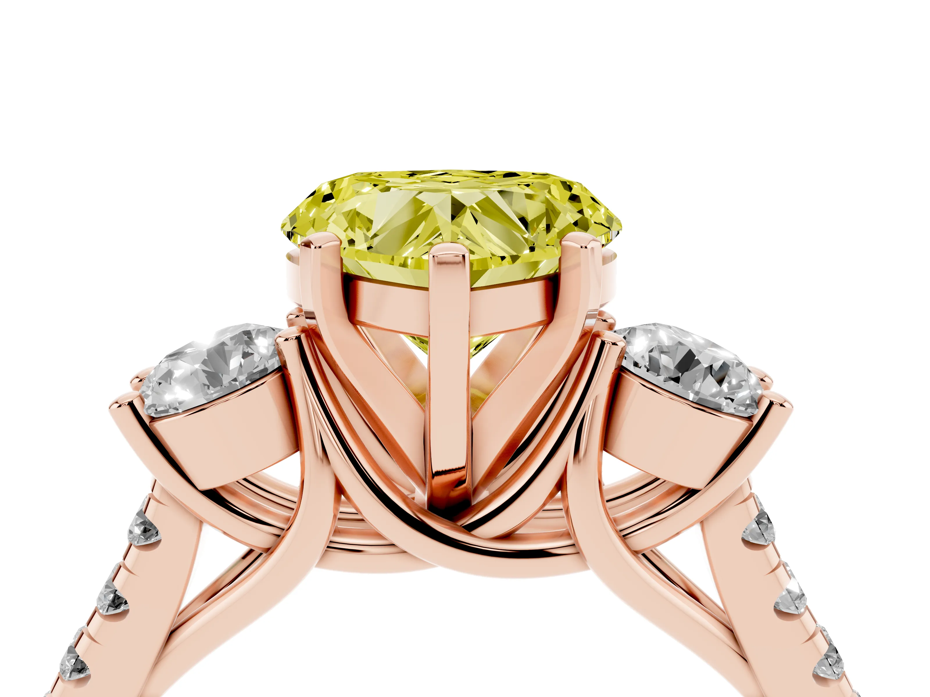 Fancy Yellow Three-Stone Heart Cut Diamond Pavé Band Ring Set in Rose gold with Prong-Set Trio