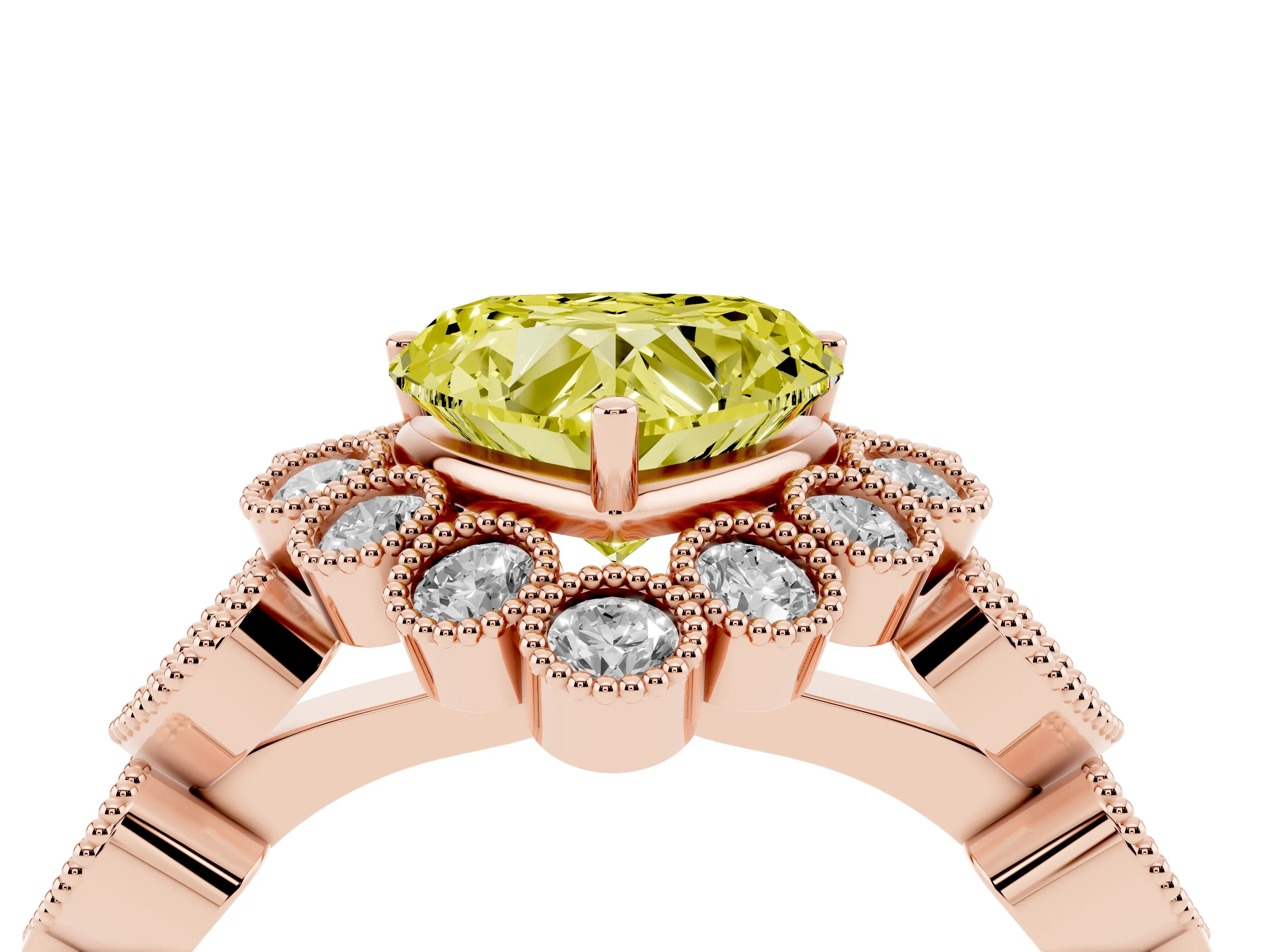 Fancy Yellow Heart Cut Diamond Solitaire Ring Set in Rose gold with Milgrain Pavé Heart Band