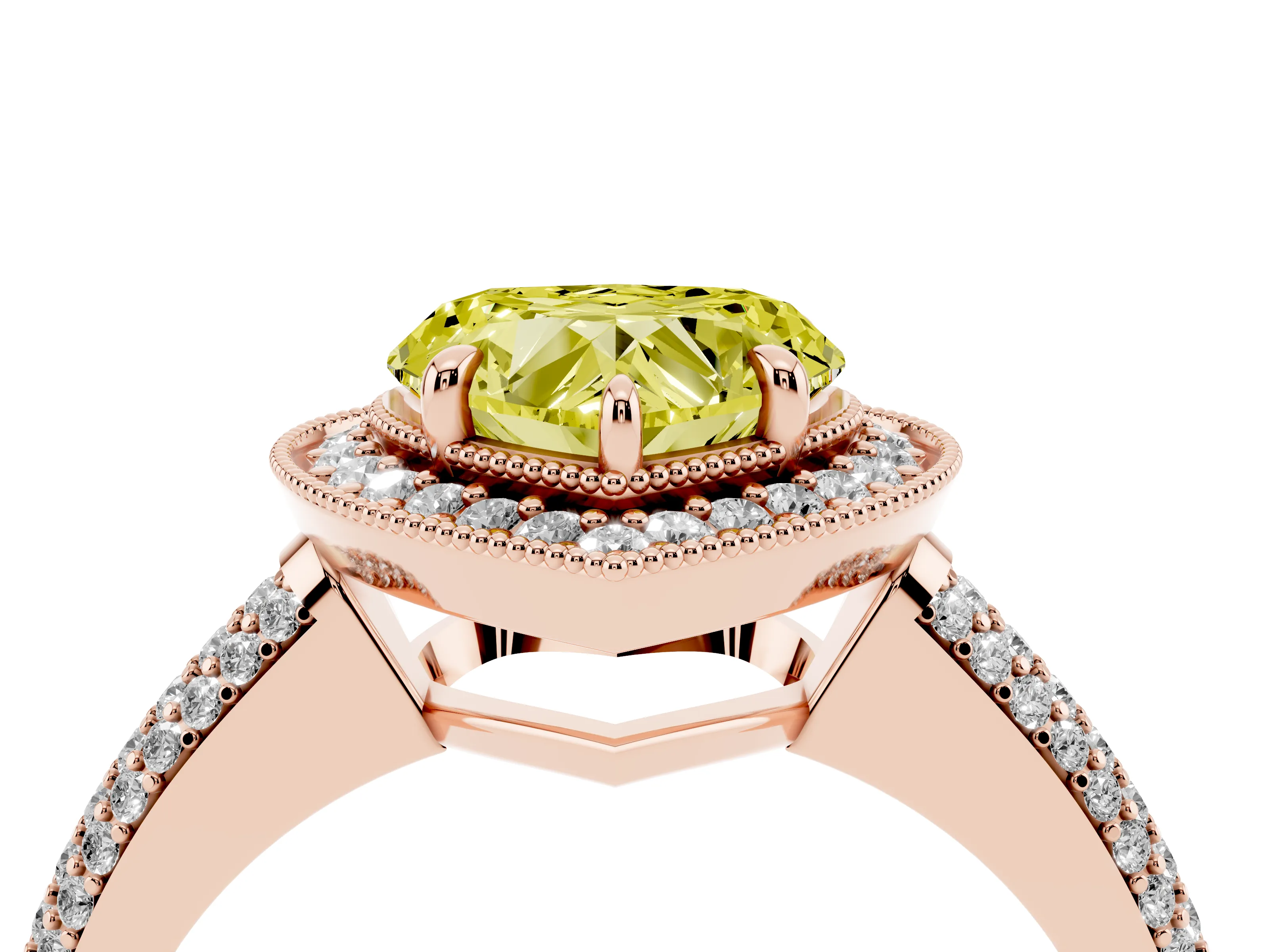 Fancy Yellow Heart Cut Diamond Halo Pavé Band Set in Rose gold with Prong Setting