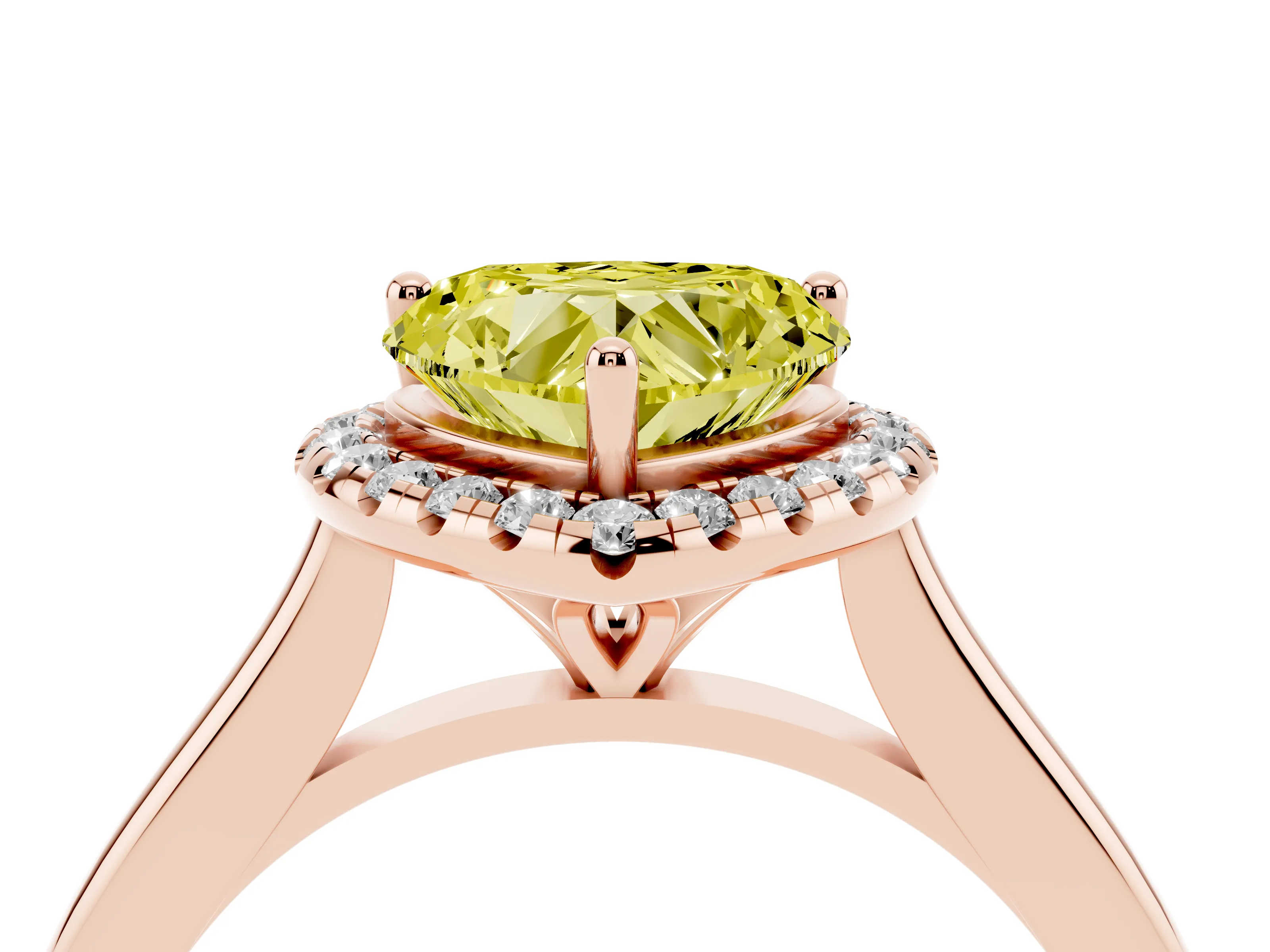 Fancy Yellow Heart Cut Diamond Halo Engagement Ring Set in Rose gold with Pavé Band and Rising Shoulders