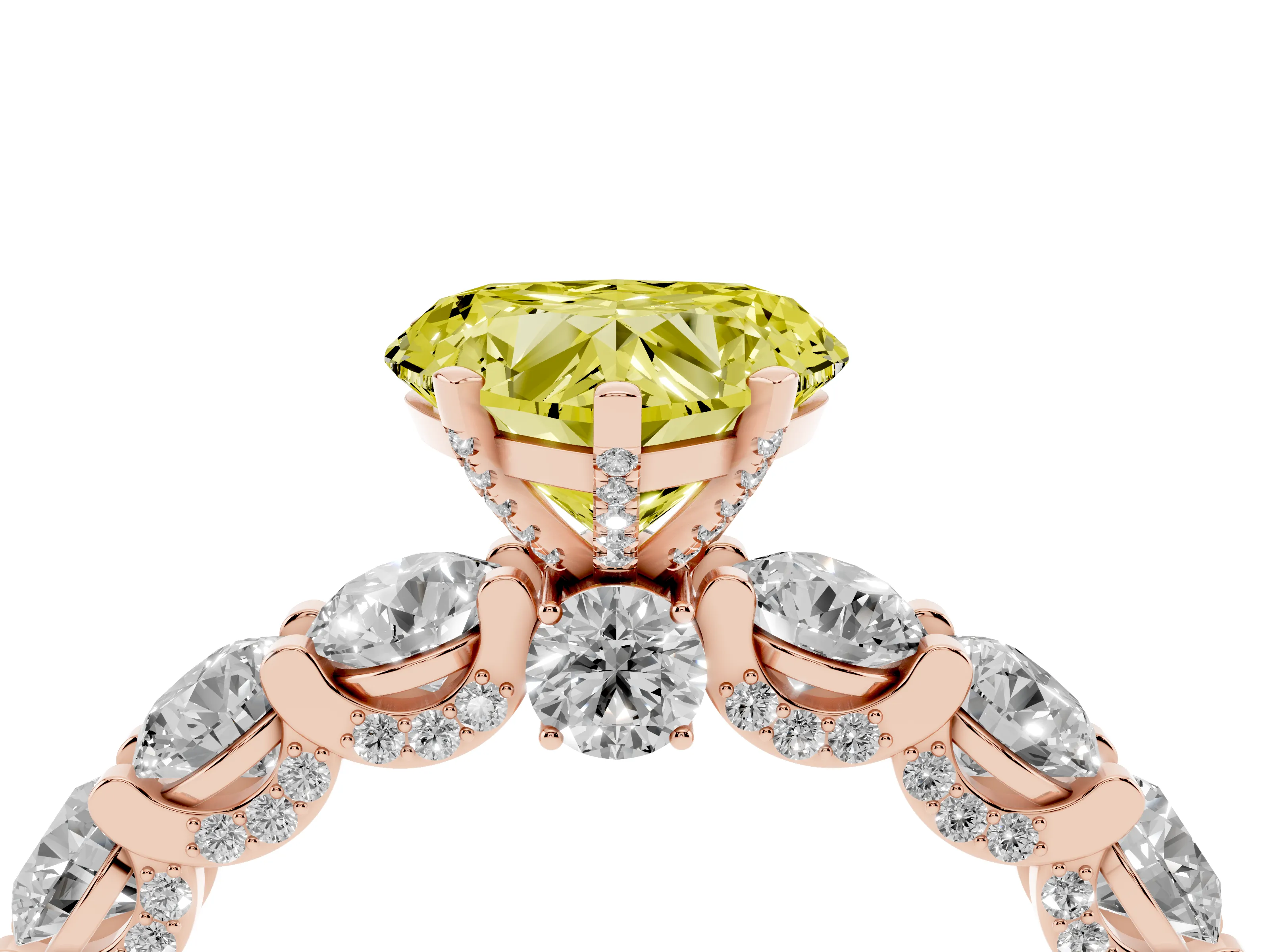 Fancy Yellow Heart Cut Diamond Side Stone Ring Set in Rose gold with Alternating Round and Oval Side Stones