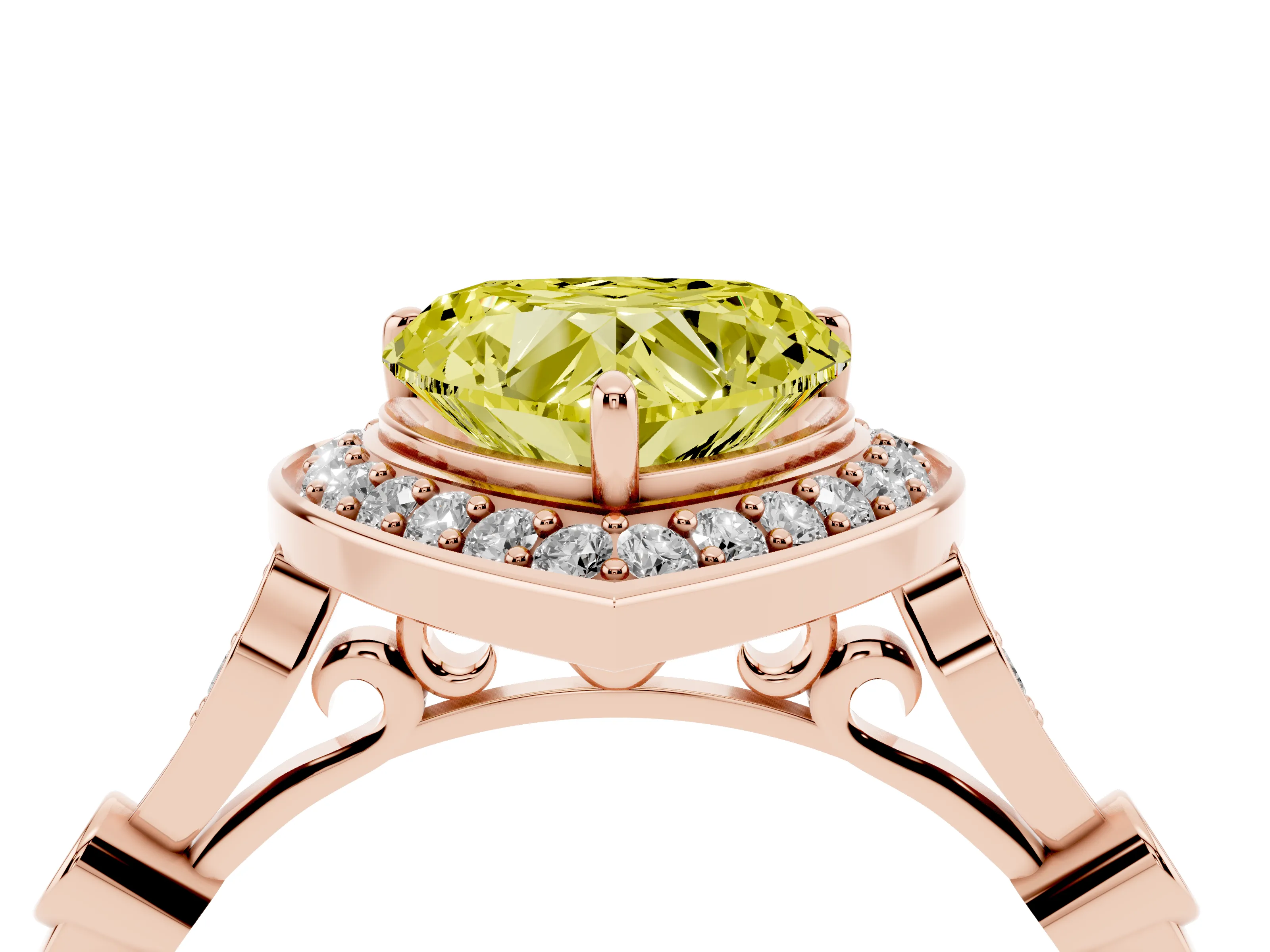 Fancy Yellow Heart Cut Diamond Halo Engagement Ring Set in Rose gold with Twisted Band and Prong Setting