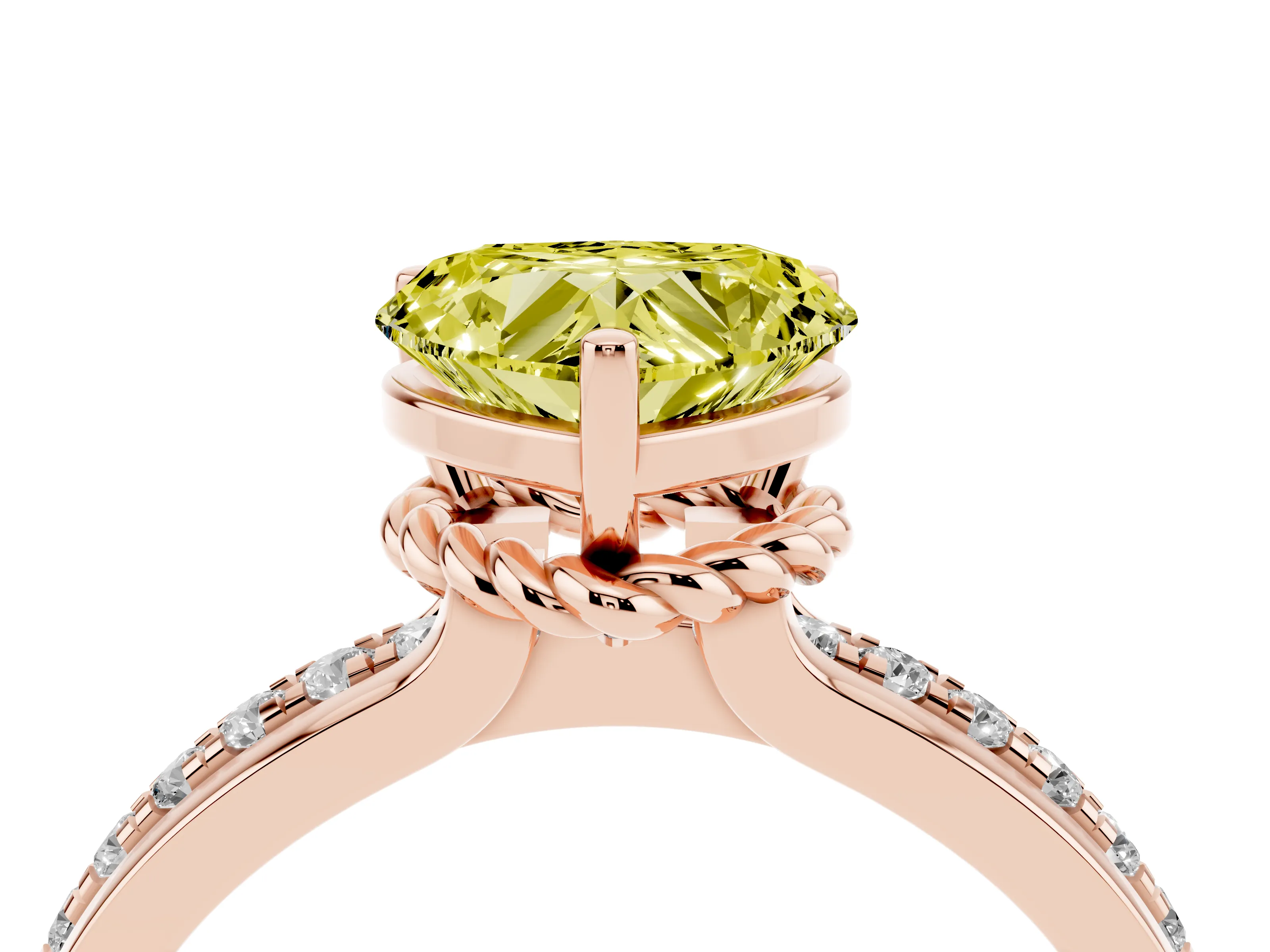 Fancy Yellow Heart Cut Diamond Solitaire Ring Set in Rose gold with Channel Set Band and Prong Setting