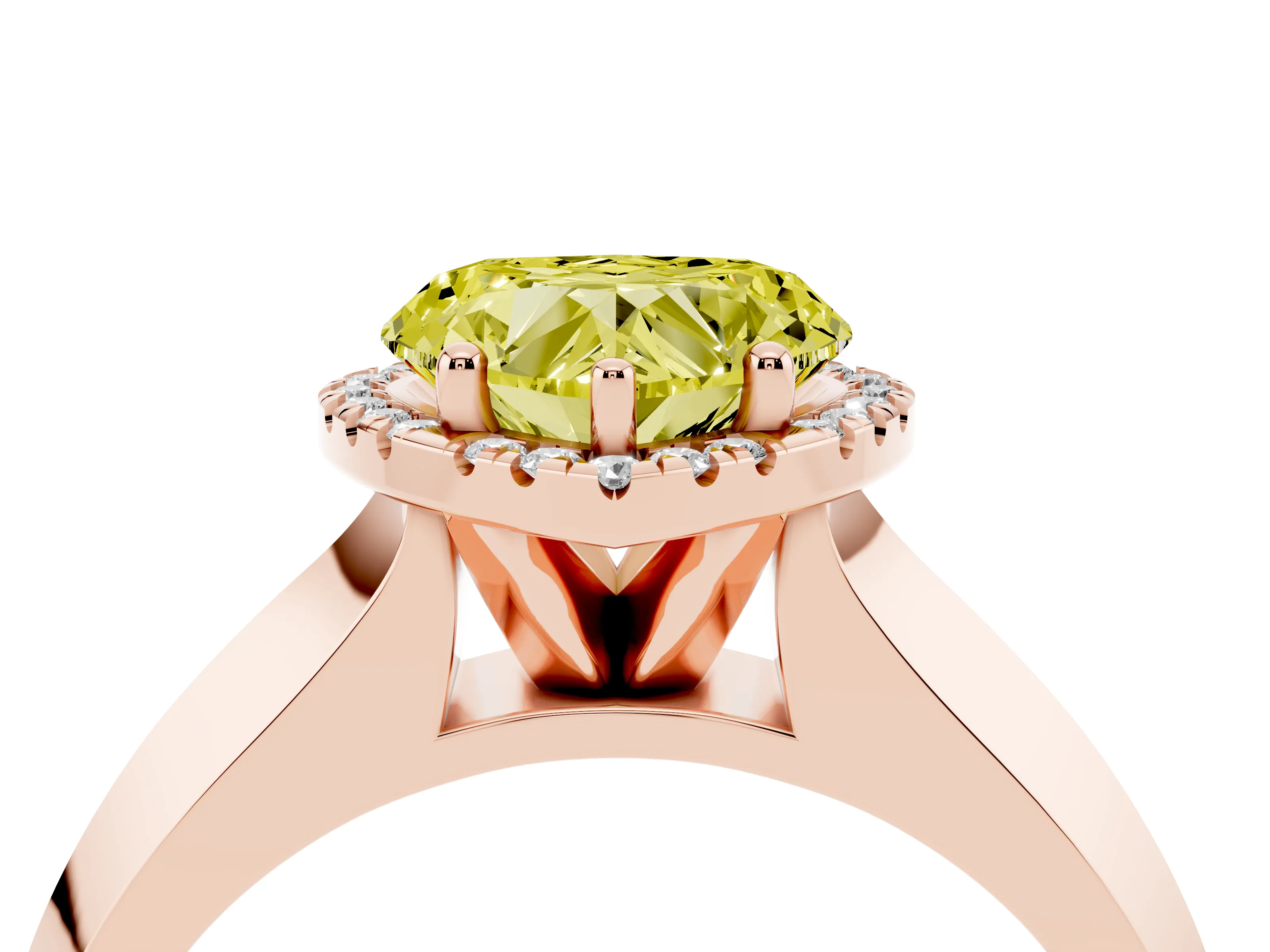 Fancy Yellow Heart Cut Diamond Halo Ring Set in Rose gold with Cathedral Band and Prong Setting