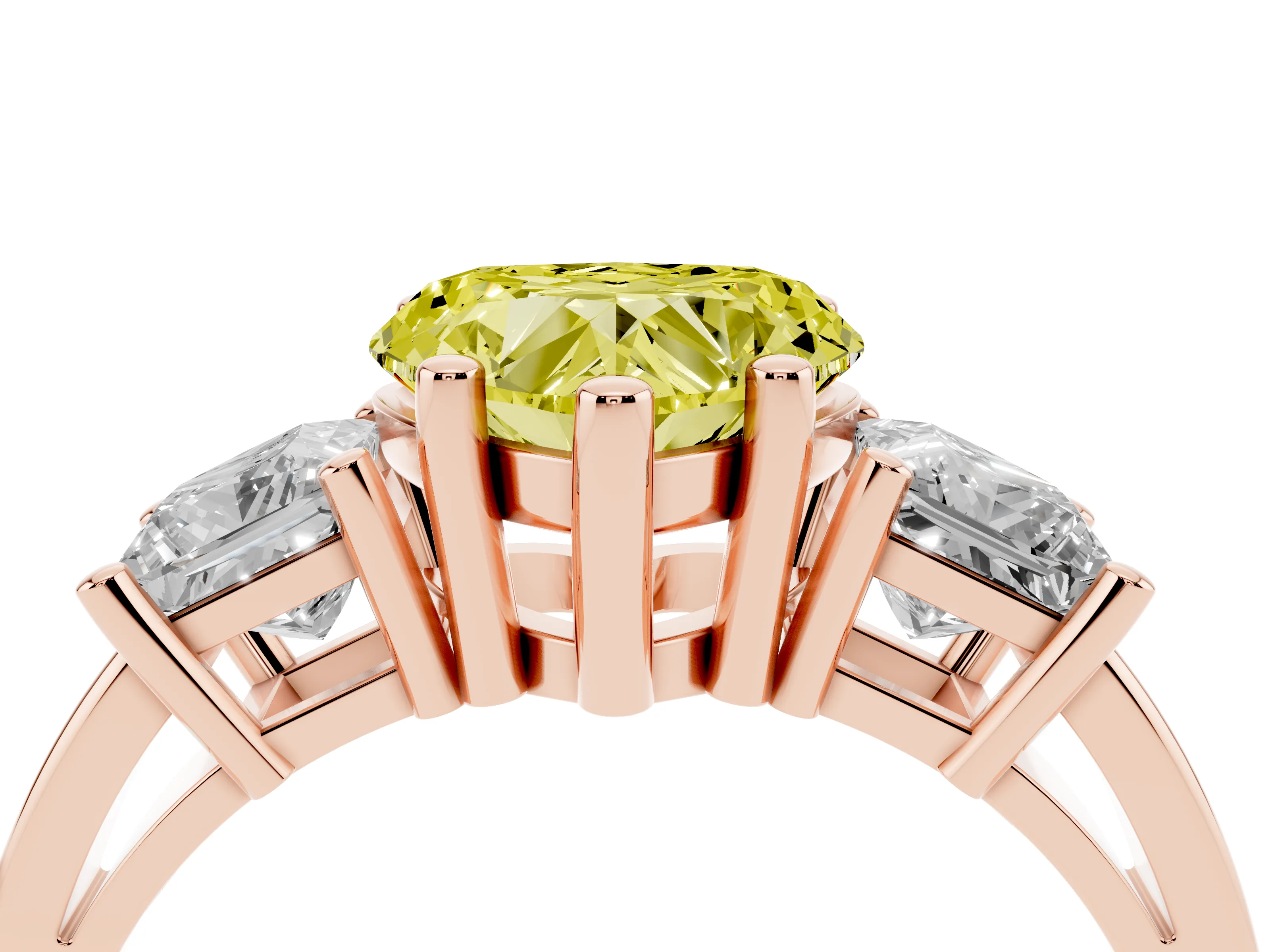 Fancy Yellow Three-Stone Heart Cut Diamond Solitaire Ring Set in Rose gold with Prong Setting