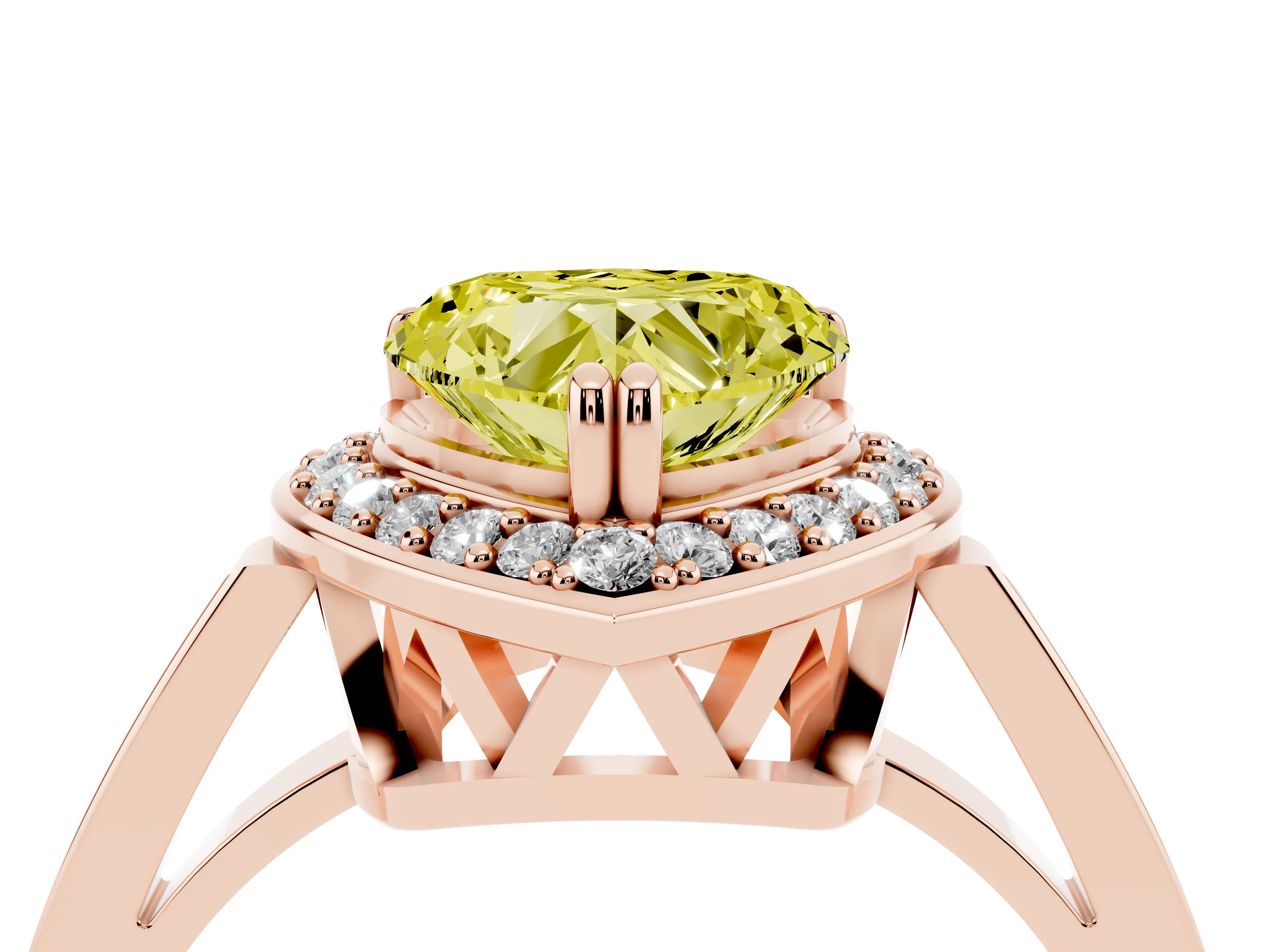 Fancy Yellow Heart Cut Diamond Halo Ring Set in Rose gold with Accent-Lined Split Shank and Prong Setting