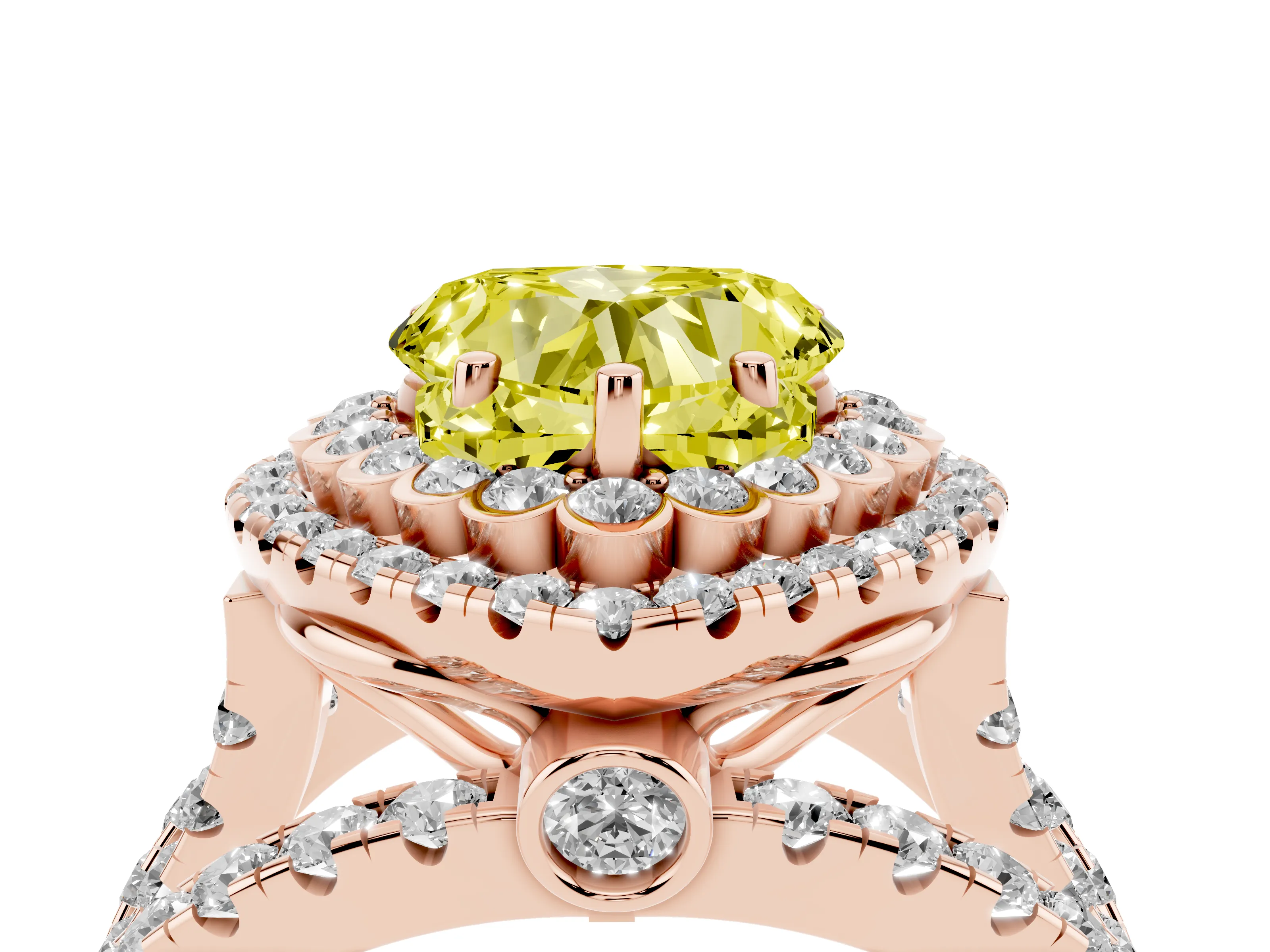 Fancy Yellow Heart Cut Diamond Double Halo Ring Set in Rose gold with Round Pavé Split Shank