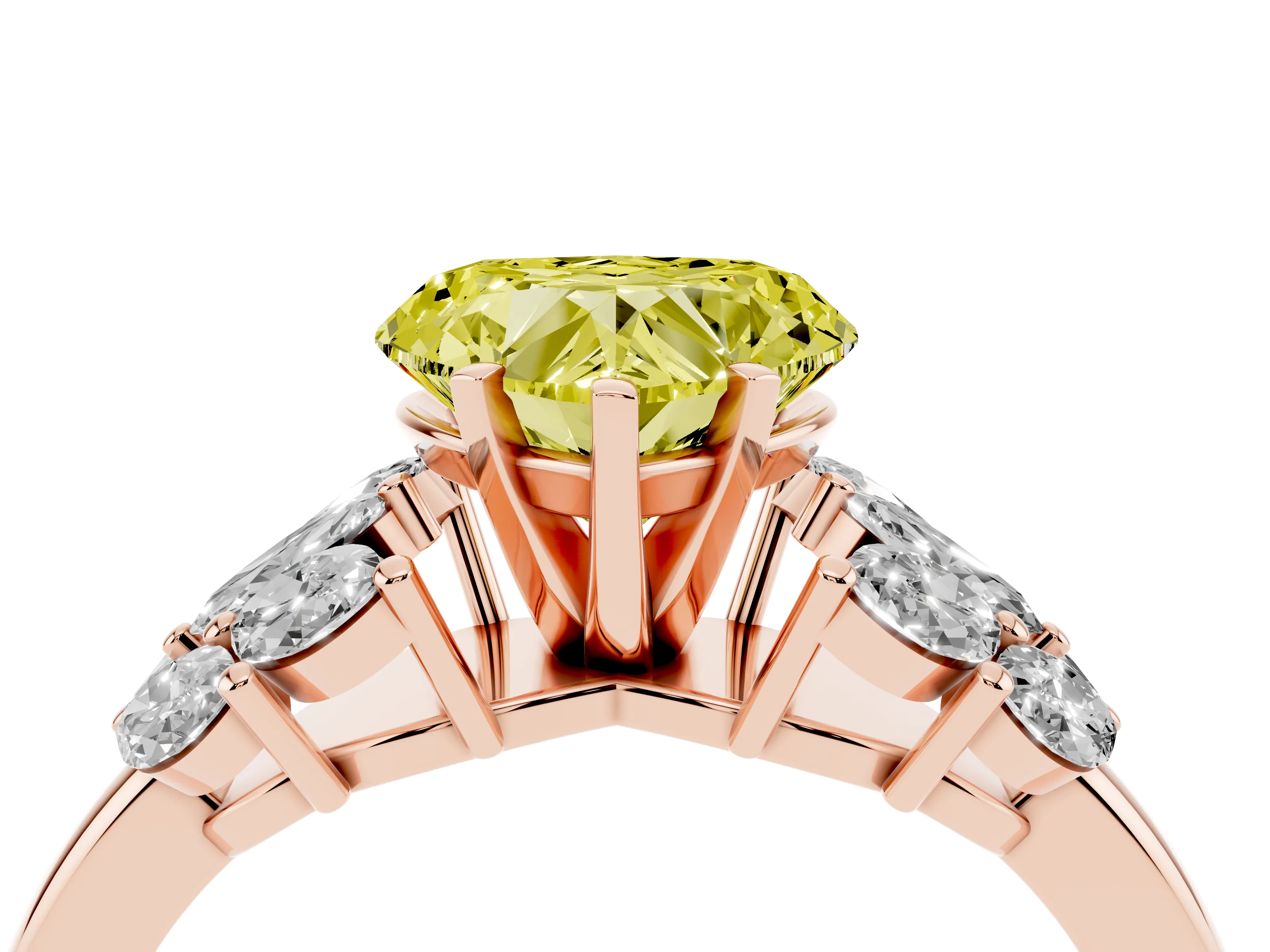 Fancy Yellow Heart Cut Diamond Cluster Leaf Design Ring Set in Rose gold with Prong Setting